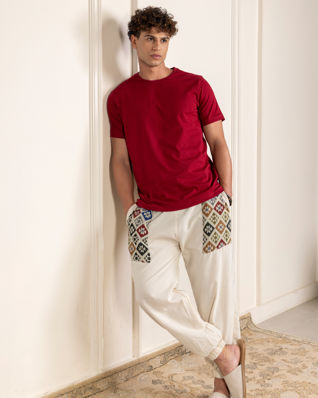 Ivory Men Embroidered Baggy Cotton Joggers with Upper Patch