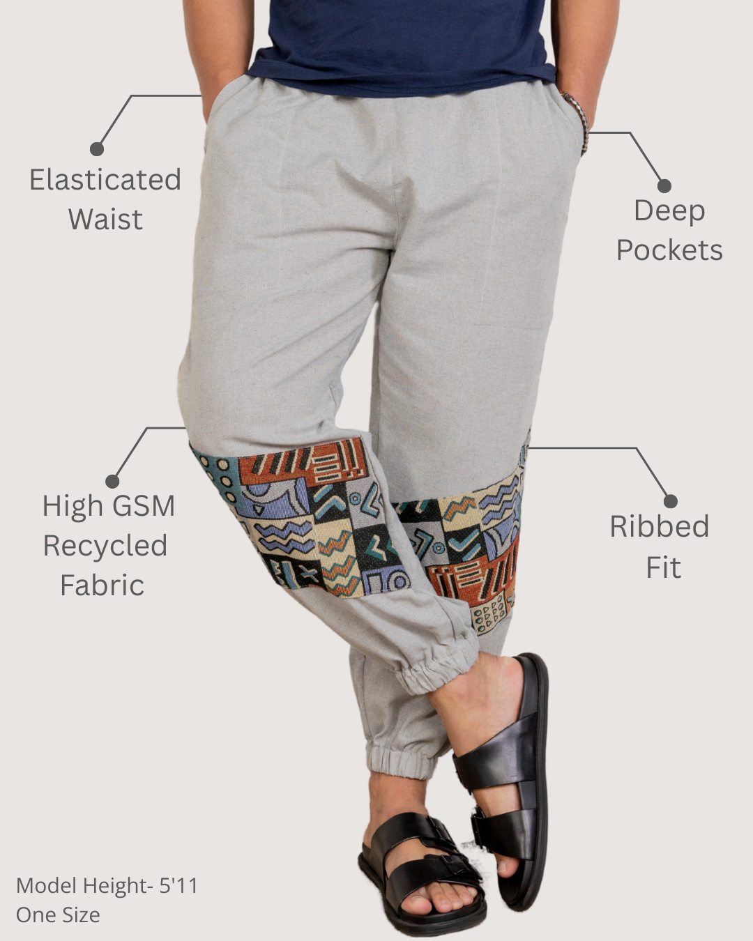 Sage Grey Men Embroidered Baggy Cotton Joggers with Lower Patch