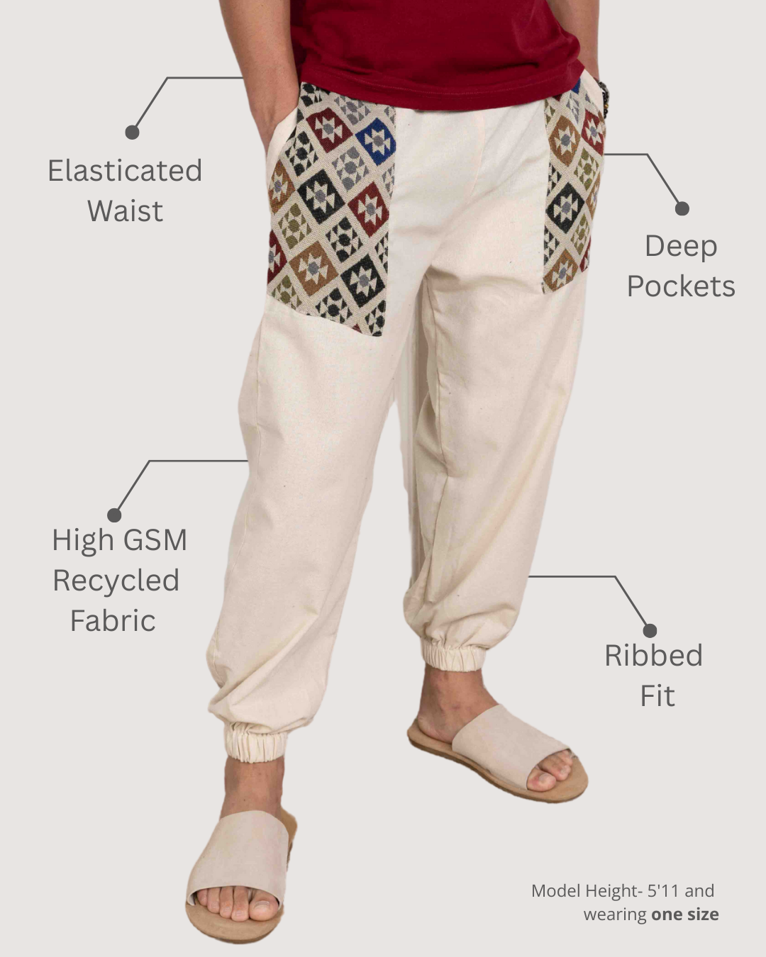 Ivory Men Embroidered Baggy Cotton Joggers with Upper Patch