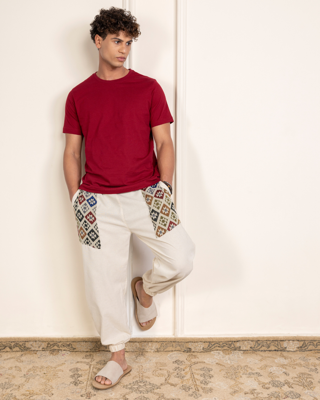 Ivory Men Embroidered Baggy Cotton Joggers with Upper Patch