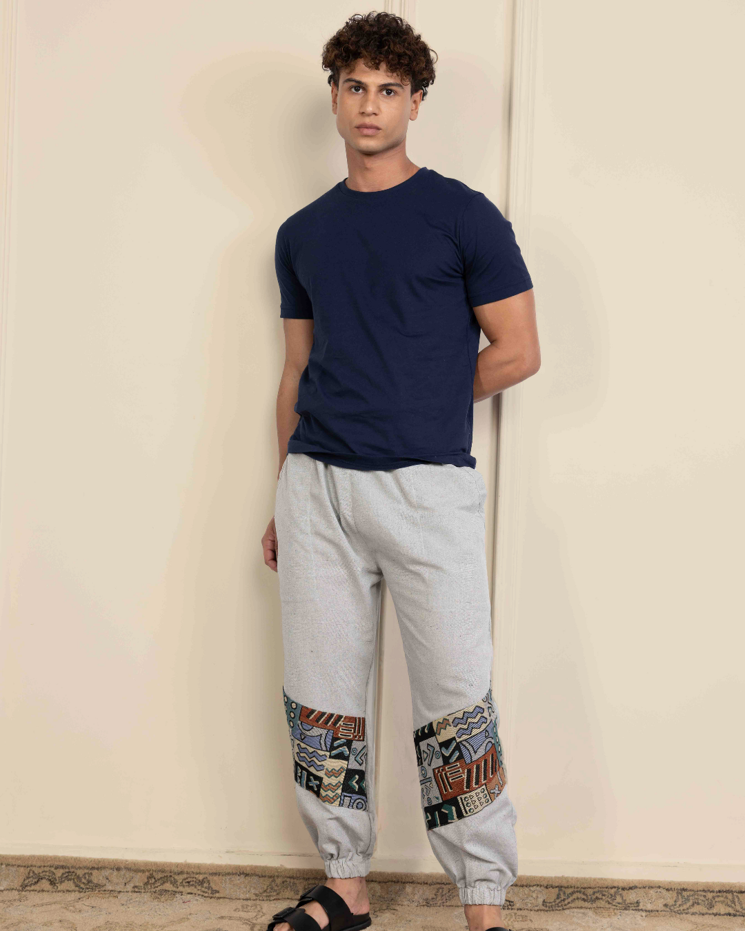 Sage Grey Men Embroidered Baggy Cotton Joggers with Lower Patch