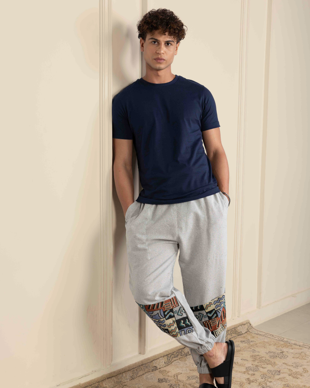 Sage Grey Men Embroidered Baggy Cotton Joggers with Lower Patch