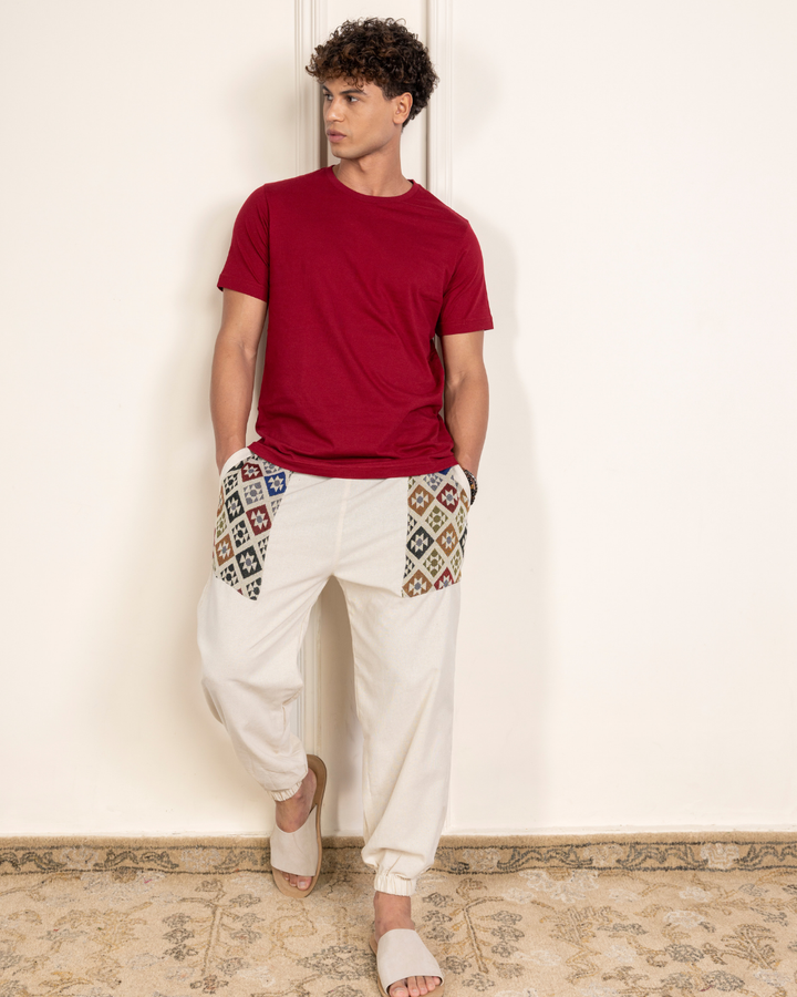 Ivory Men Embroidered Baggy Cotton Joggers with Upper Patch