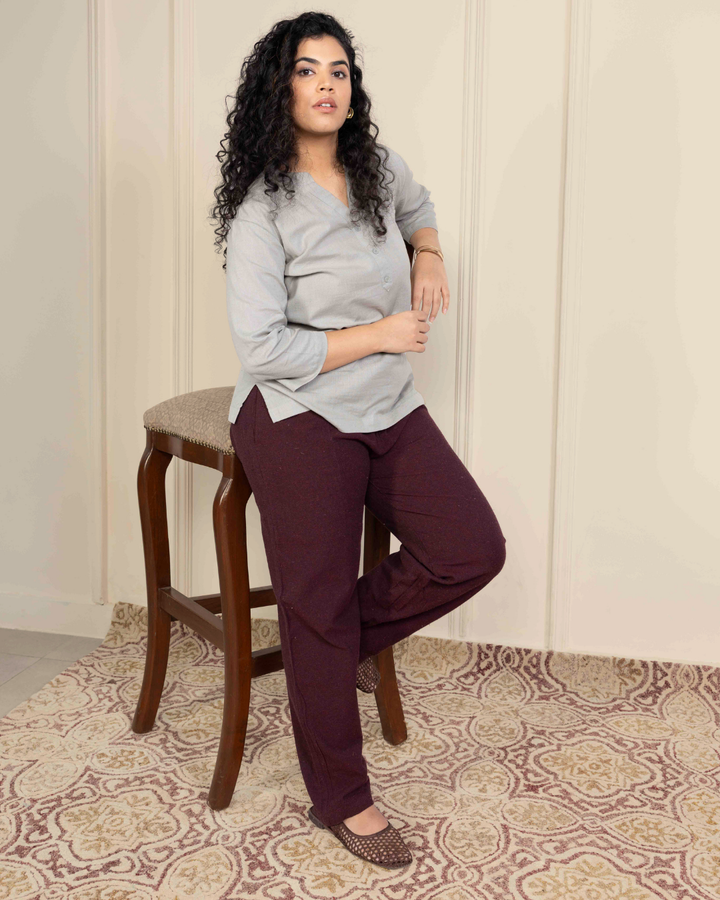 Maroon Women Straight Fit Cotton Pants
