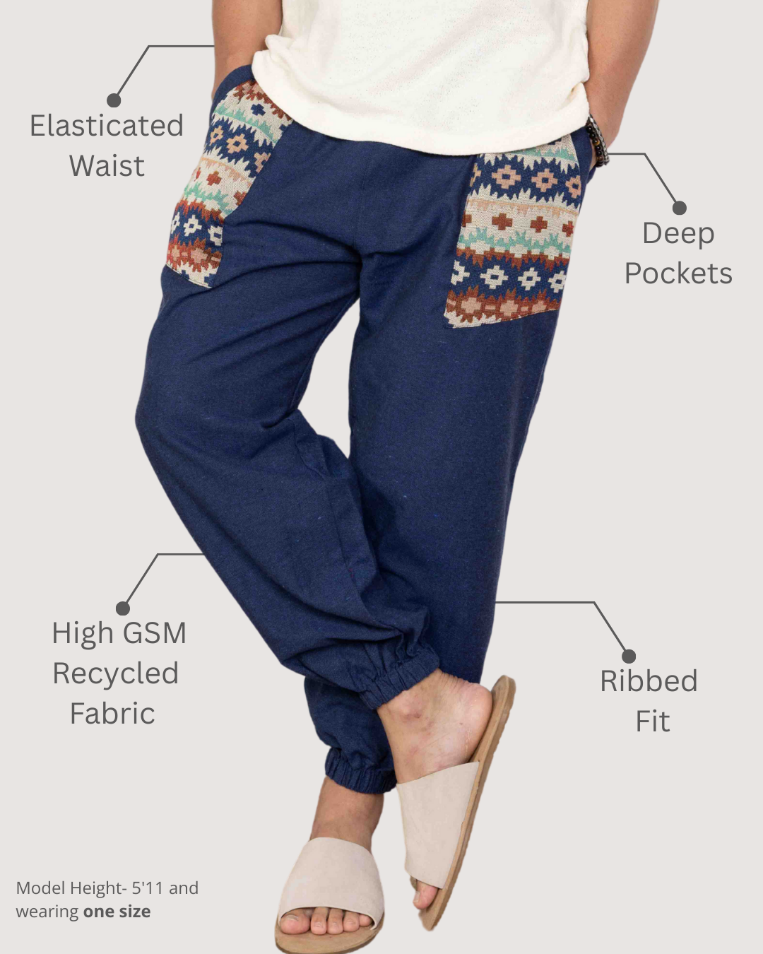 Navy Blue Men Embroidered Baggy Cotton Joggers with Upper Patch