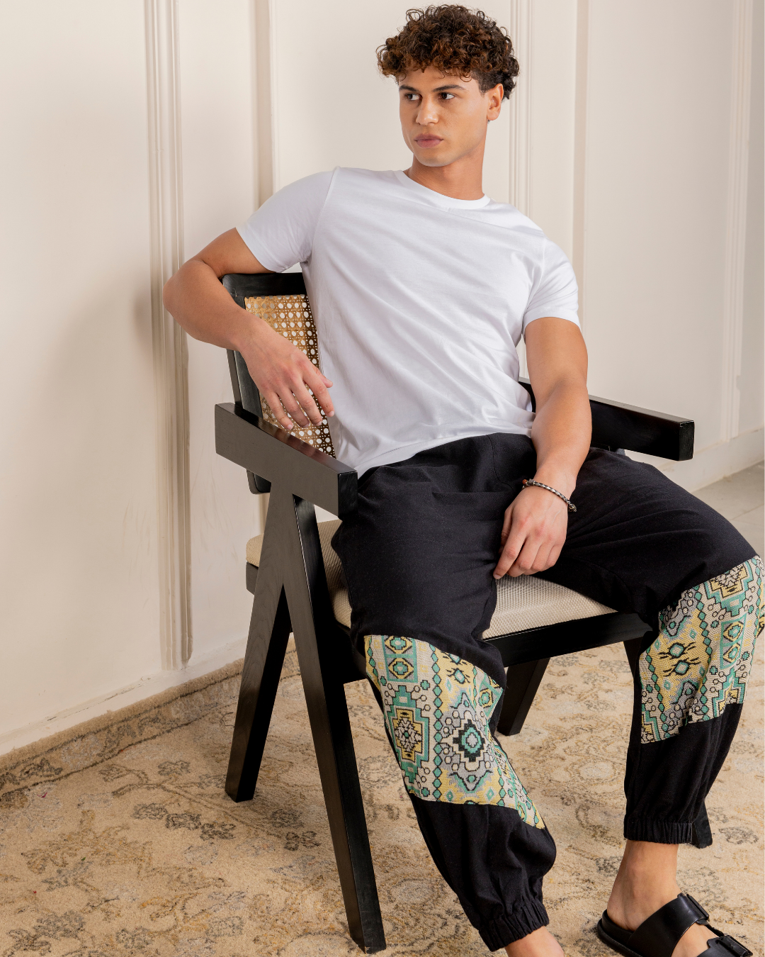 Black Men Embroidered Baggy Cotton Joggers with Lower Patch