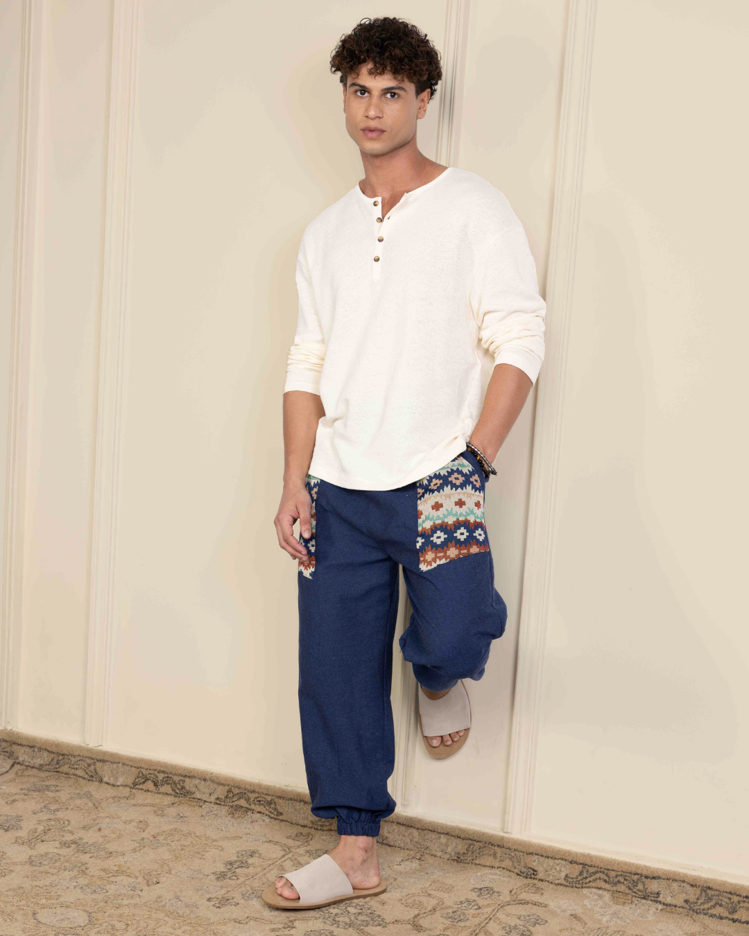 Navy Blue Men Embroidered Baggy Cotton Joggers with Upper Patch