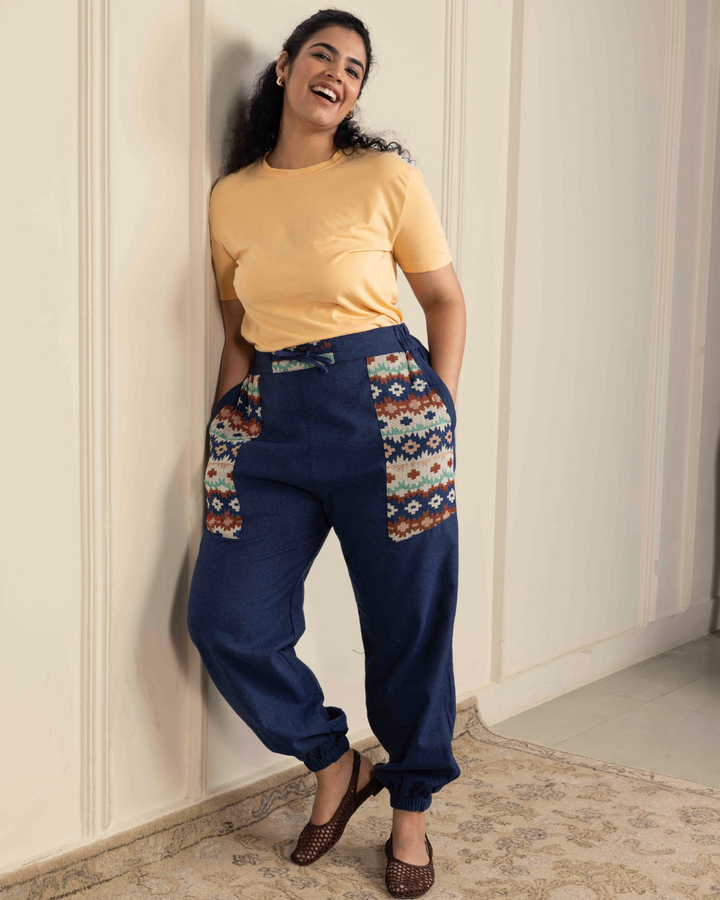 Navy Blue Women Embroidered Baggy Cotton Joggers with Upper Patch
