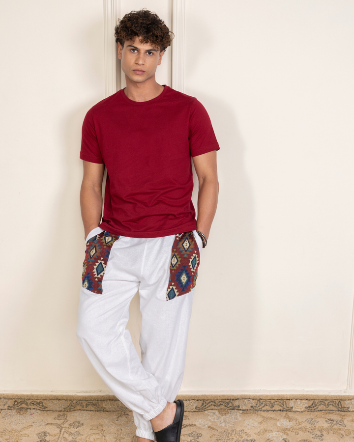 White Men Embroidered Baggy Cotton Joggers with Upper Patch