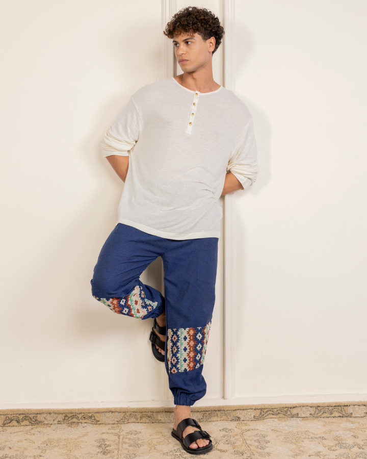 Navy Blue Men Embroidered Baggy Cotton Joggers with Lower Patch