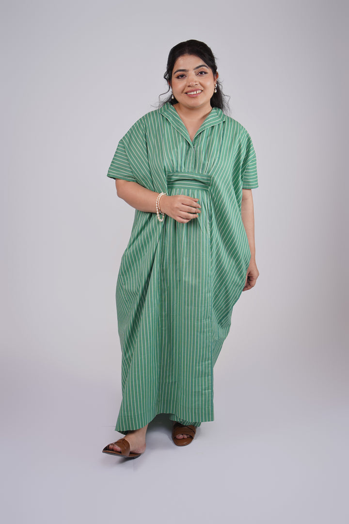 Rama Green Striped Relaxed Fit Cambric Cotton Kaftan