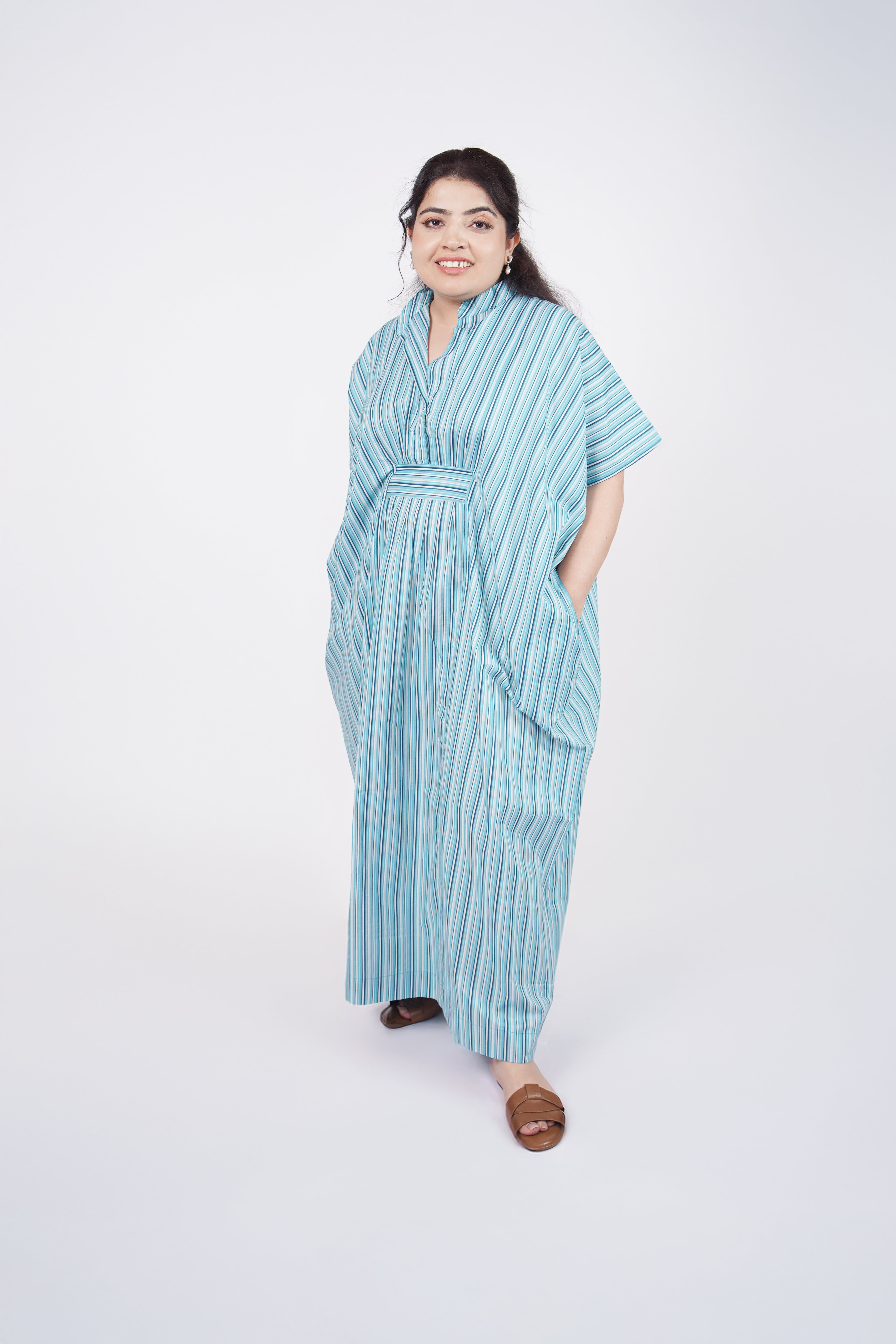 Aqua Green Striped Airy & Flowly Kaftan