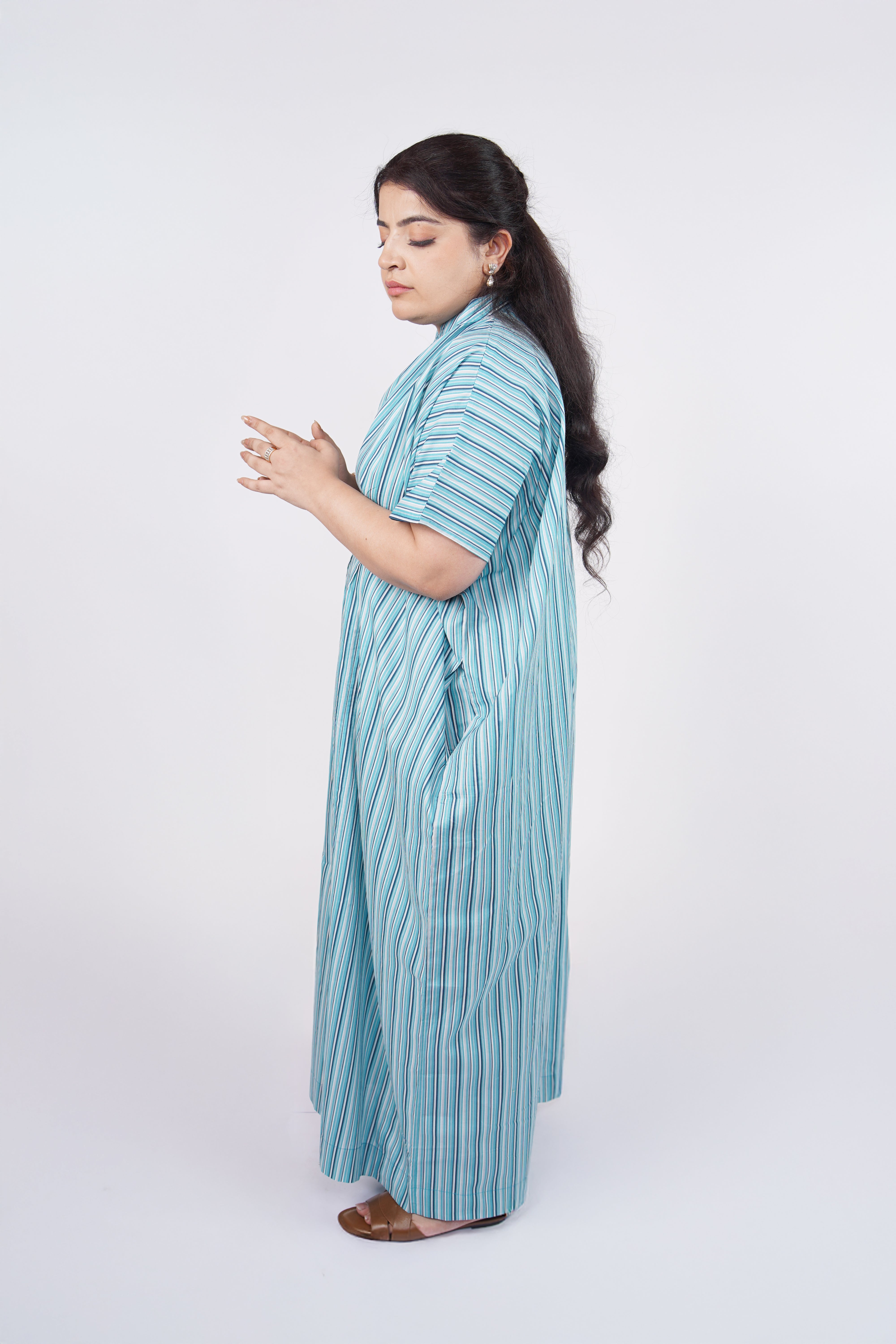 Aqua Green Striped Airy & Flowly Kaftan