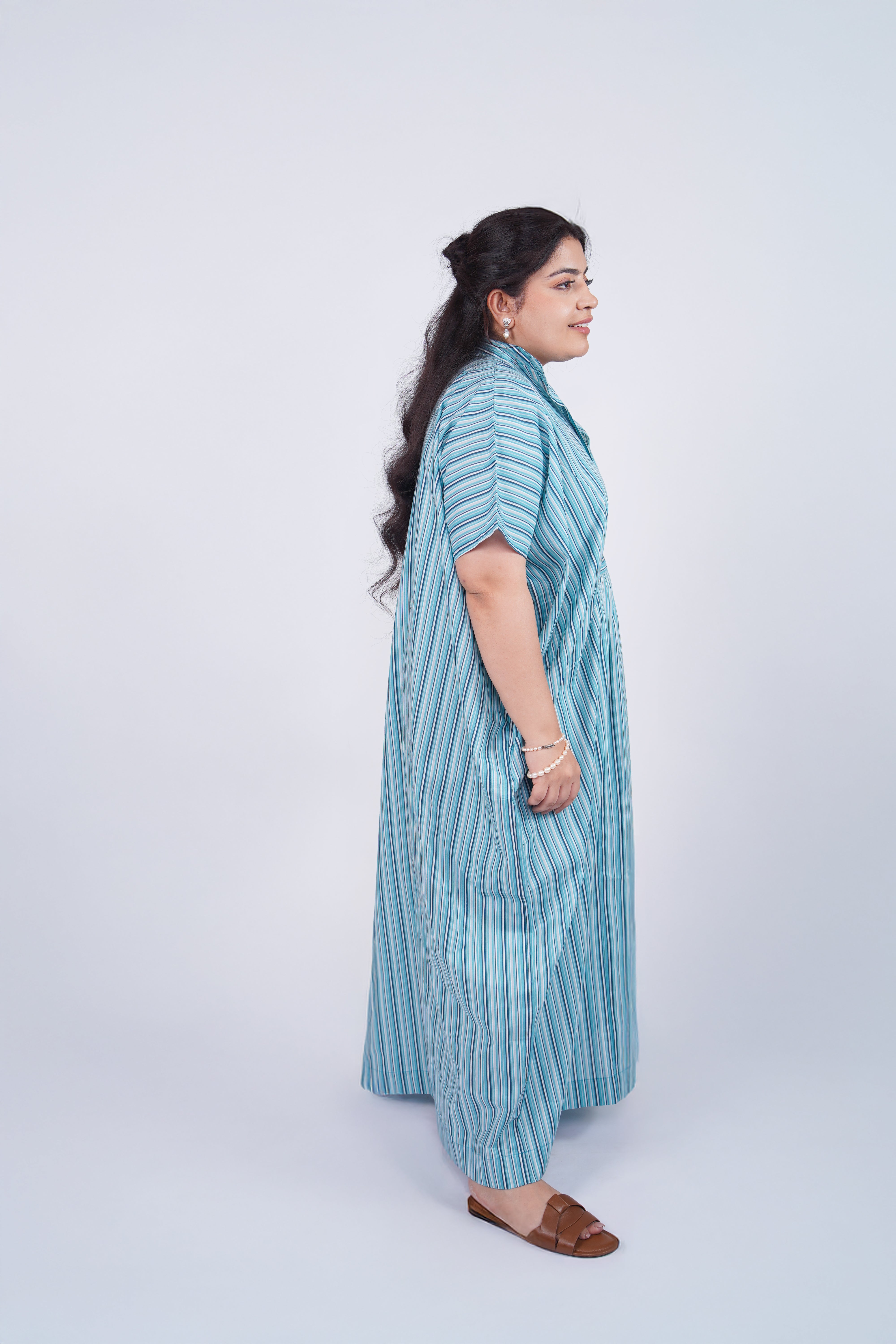 Aqua Green Striped Airy & Flowly Kaftan