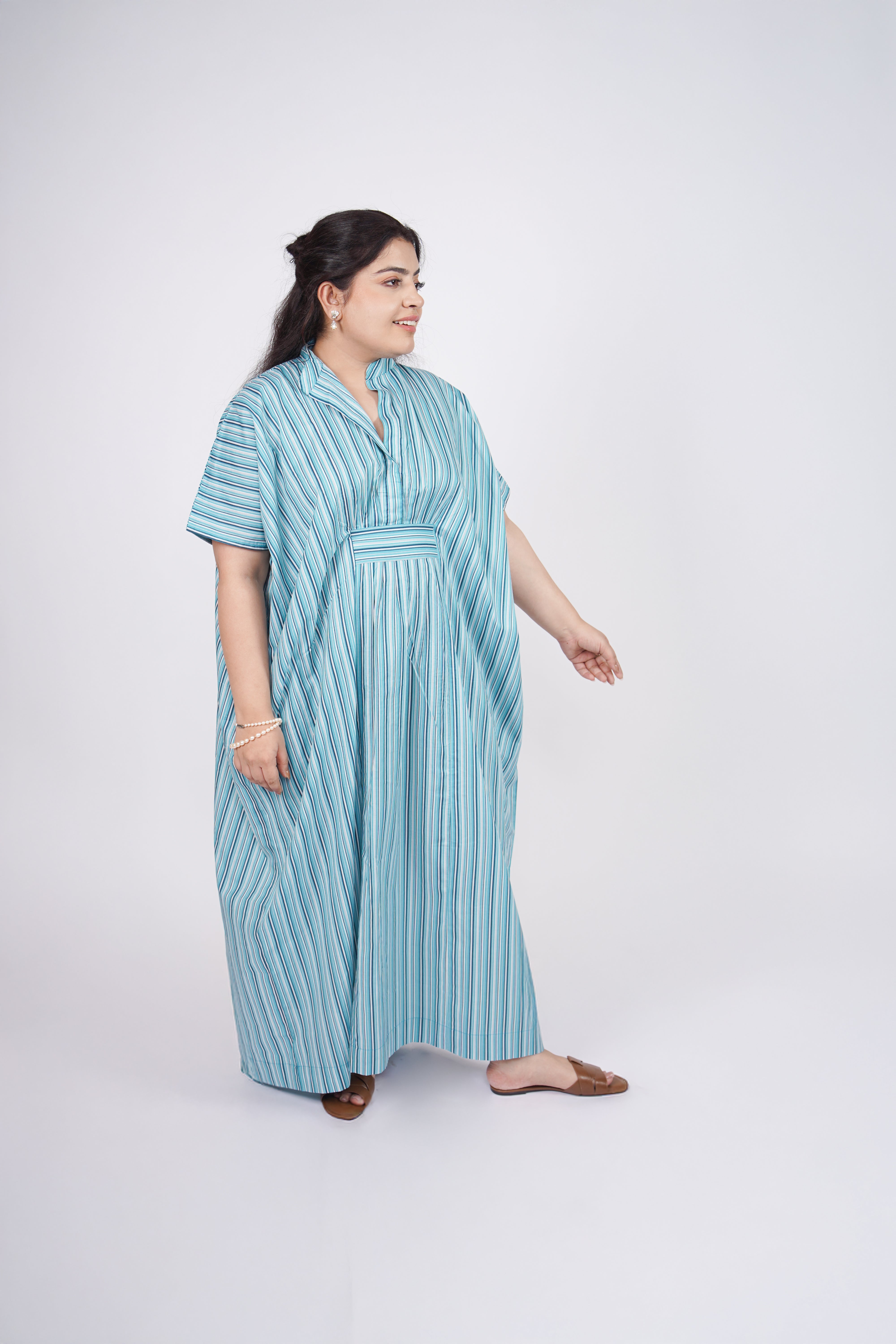 Aqua Green Striped Airy & Flowly Kaftan