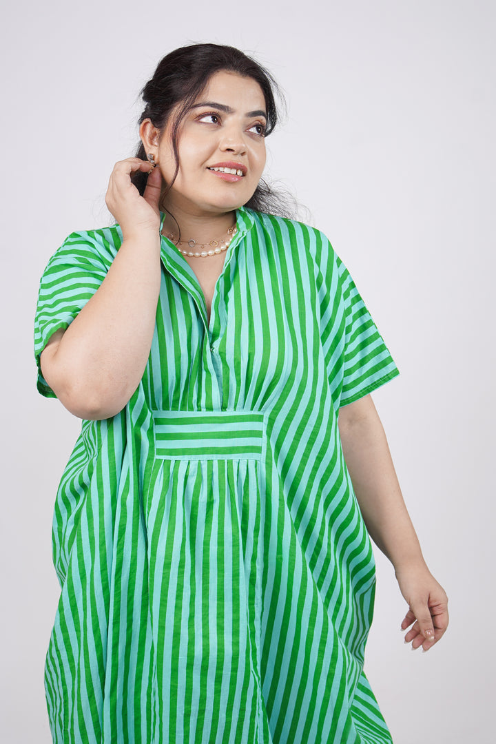 Aqua Green Striped Relaxed Fit Cambric Cotton Kaftan