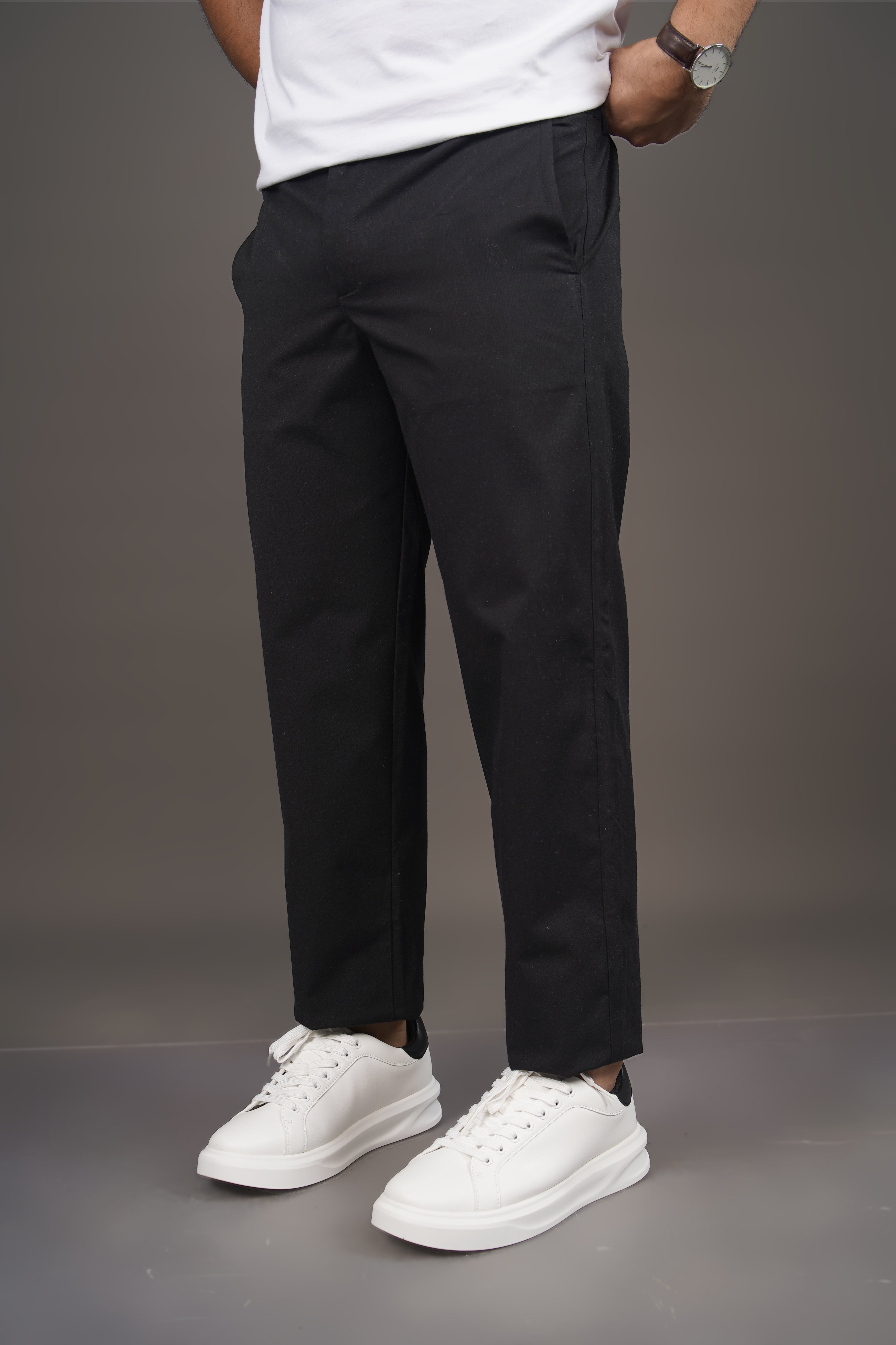 Black Straight Fit Cotton Semi-Formal Trousers