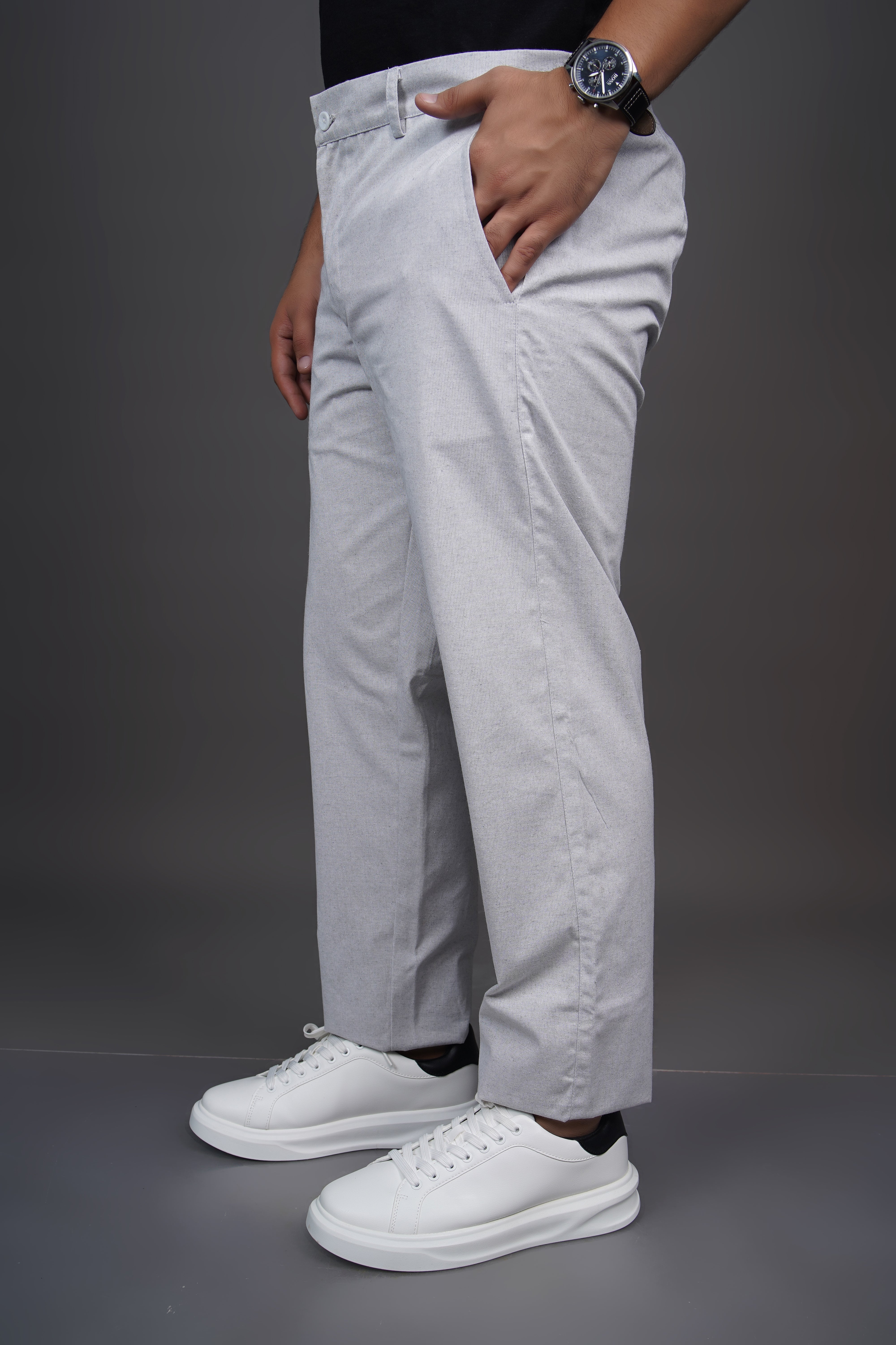 Sage Grey Straight Fit Cotton Semi-Formal Trousers