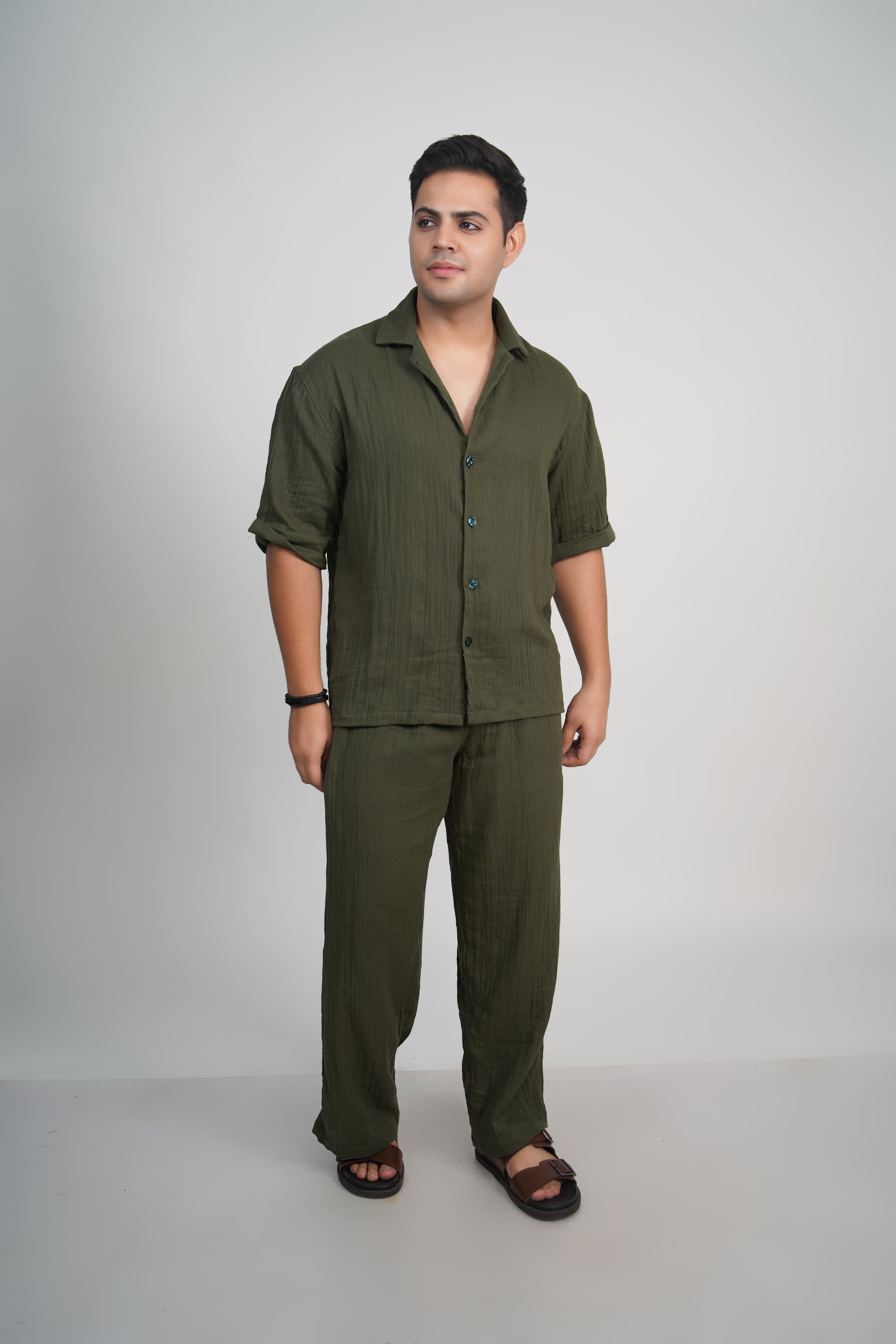 Olive Green Relaxed Fit Muslin Shirt