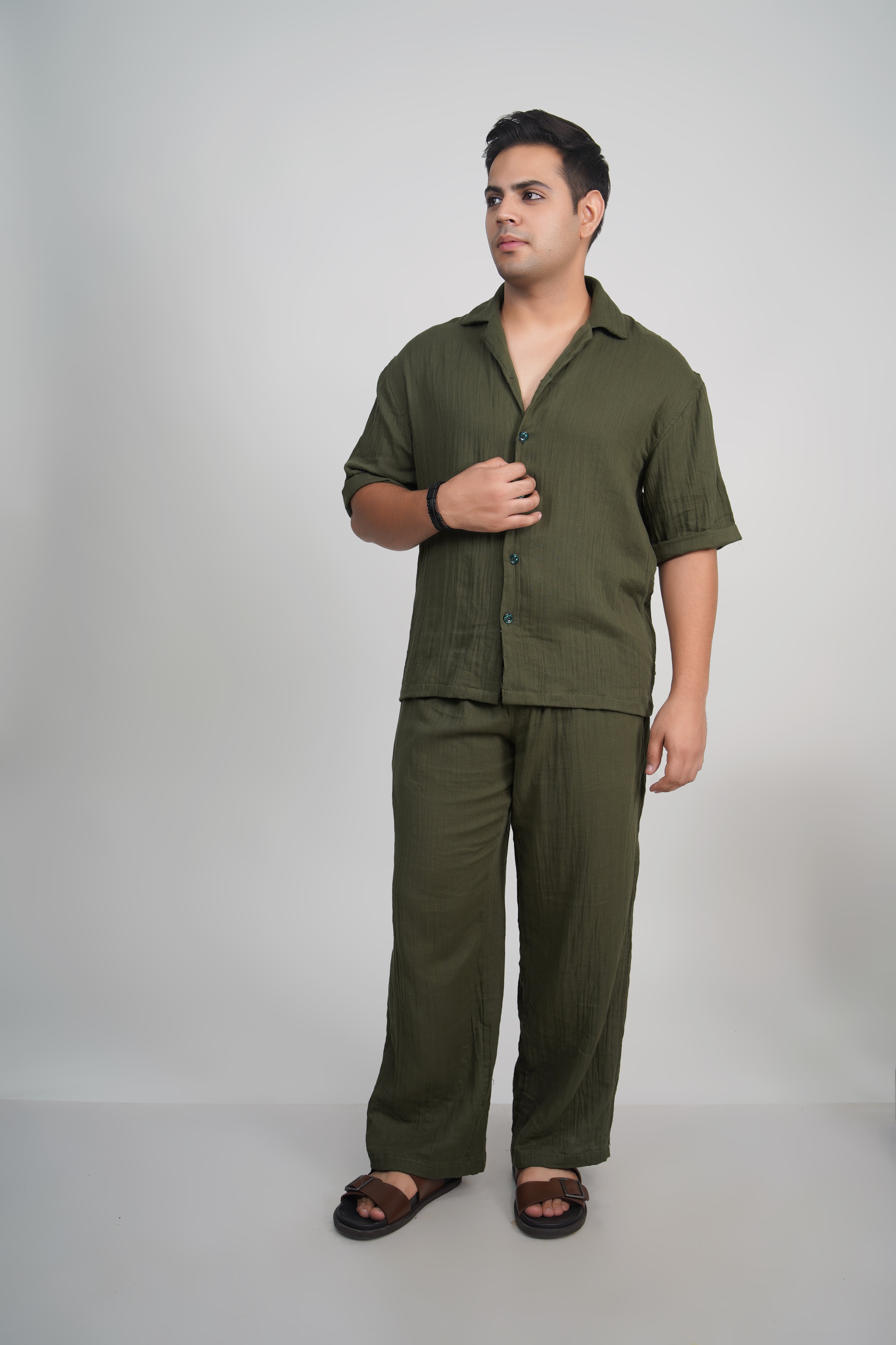 Olive Green Relaxed Fit Muslin Shirt