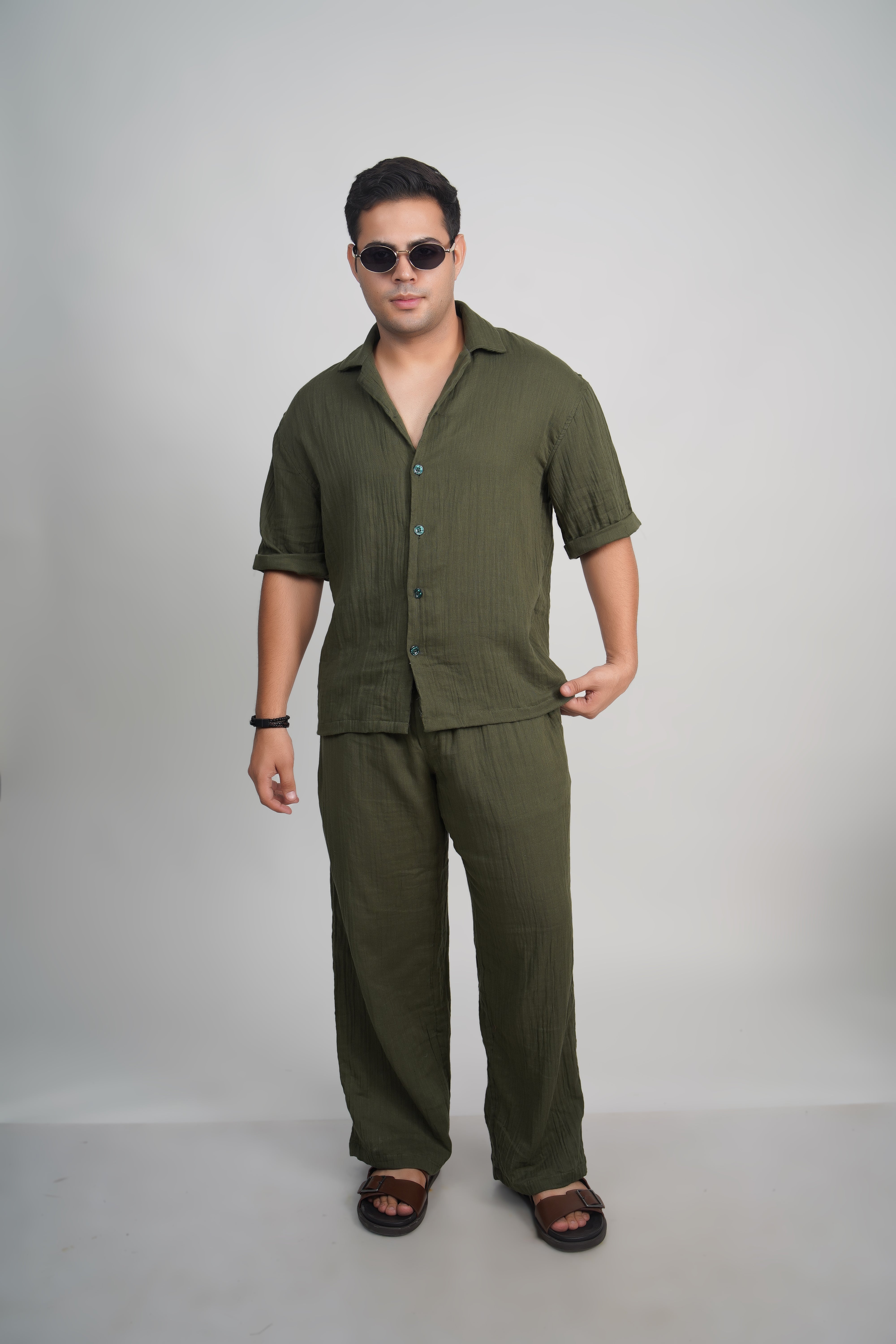 Olive Green Relaxed Fit Muslin Shirt