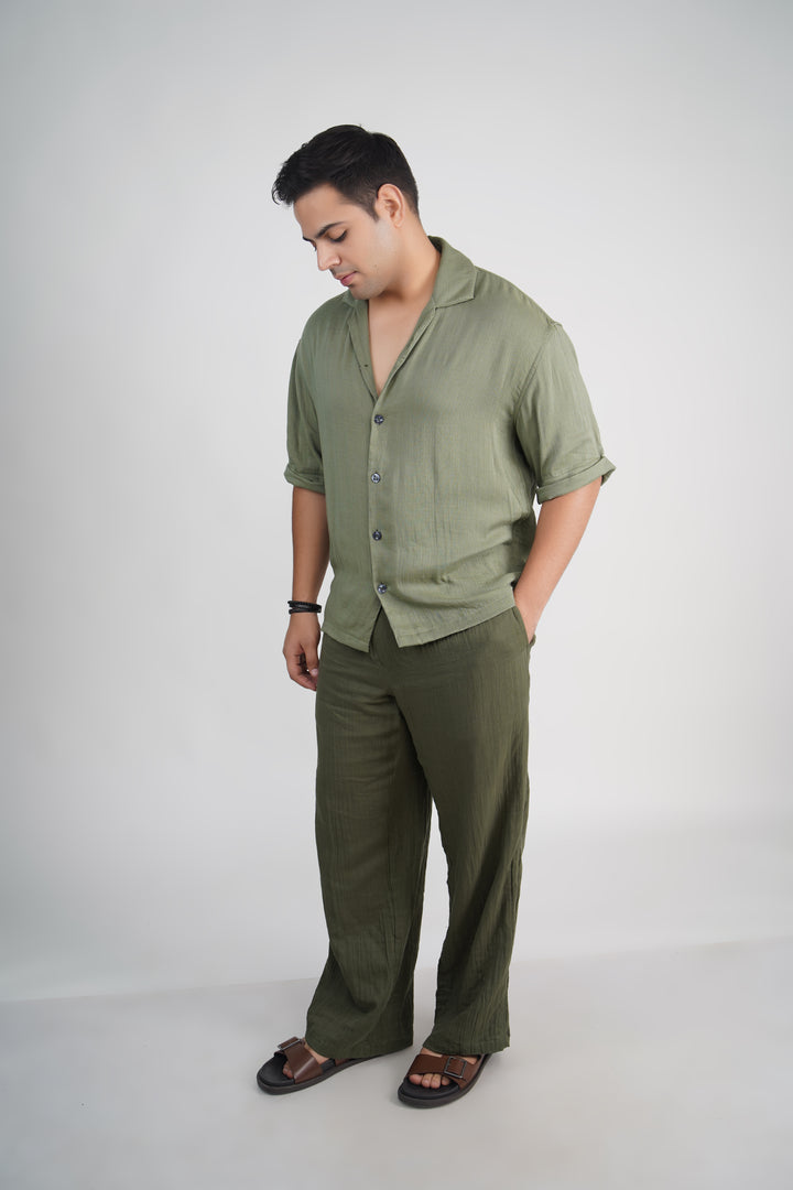 Olive Green Loose Fit Muslin Trousers