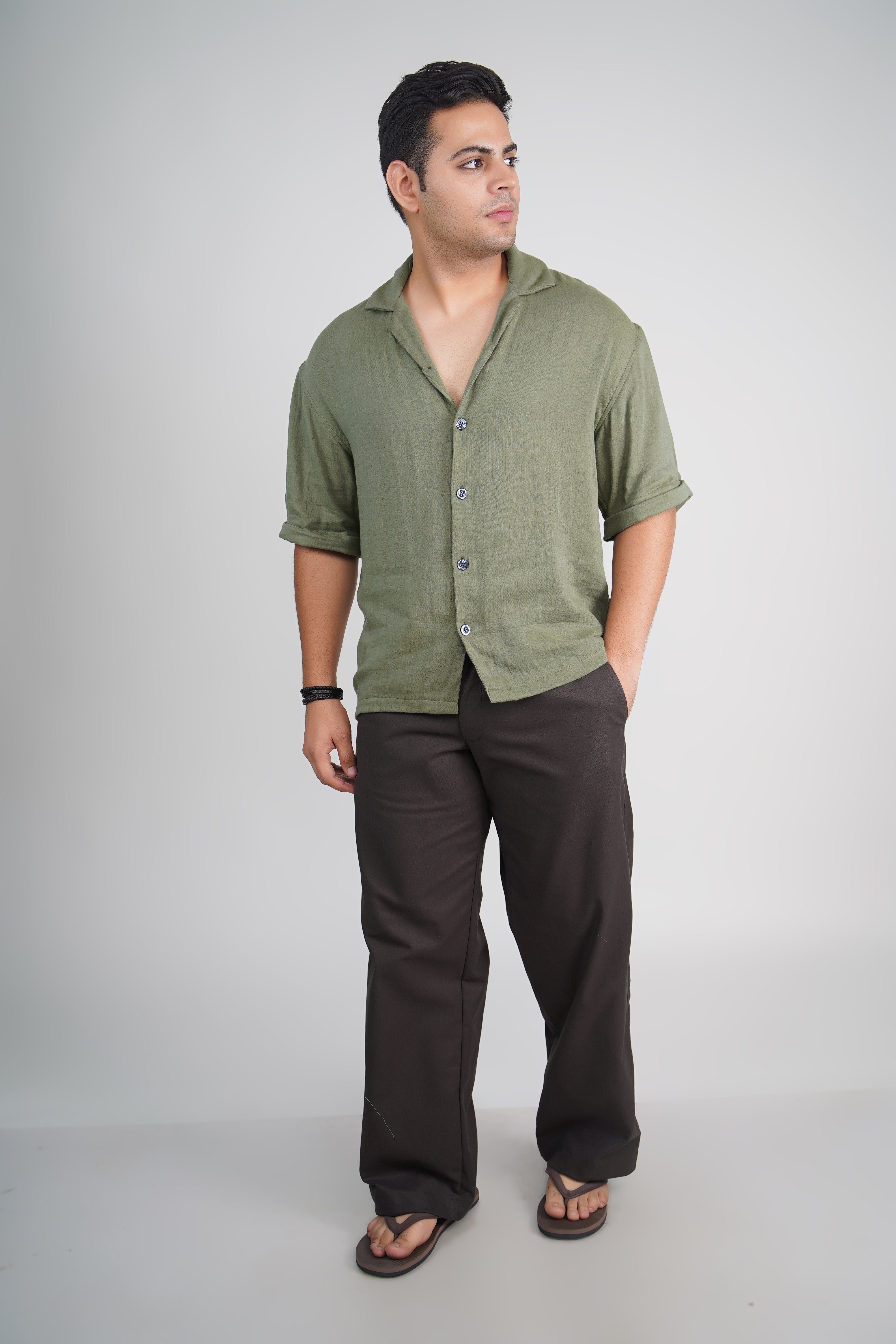 Olive Green Relaxed Fit Linen Blend Pants