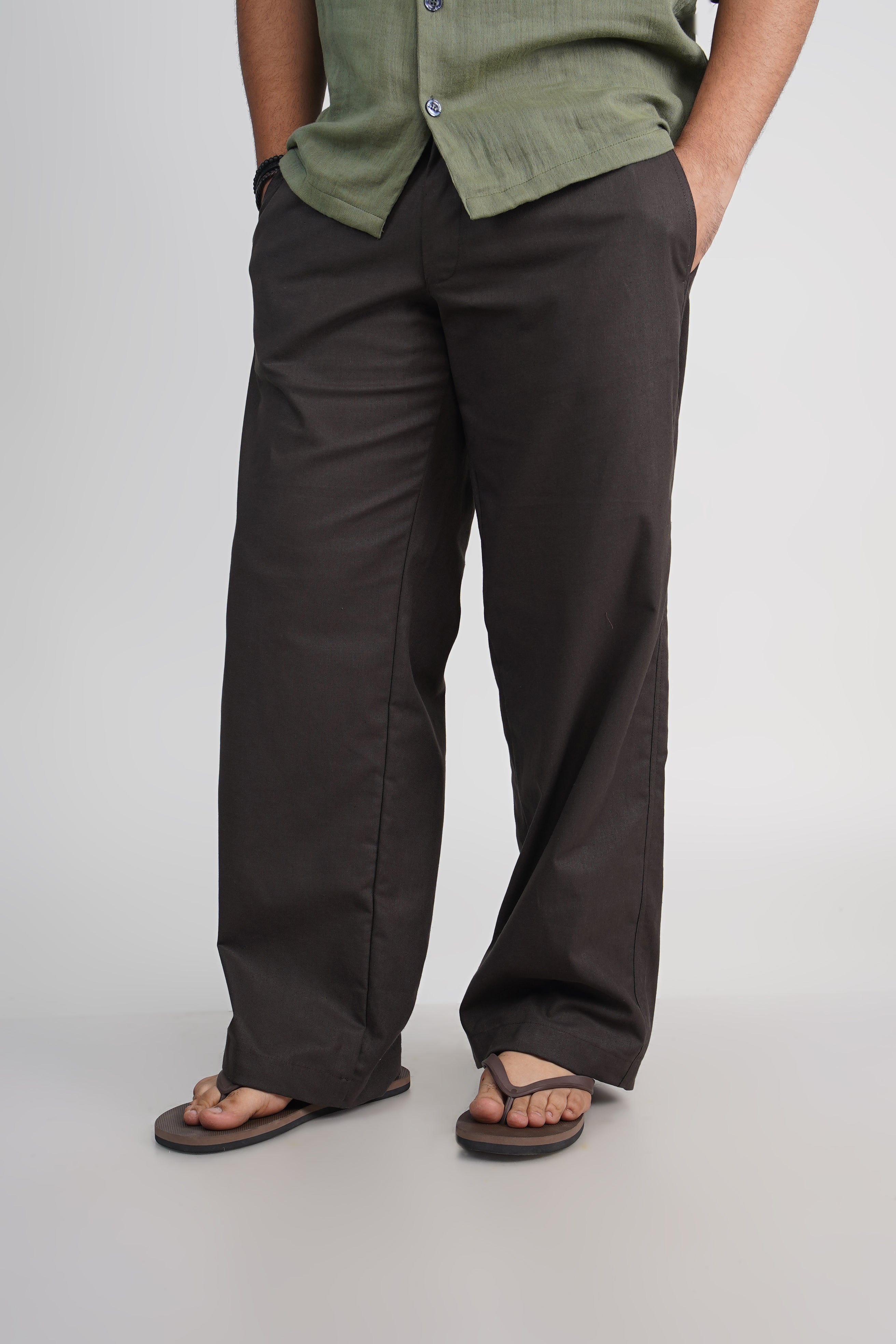 Olive Green Relaxed Fit Linen Blend Pants
