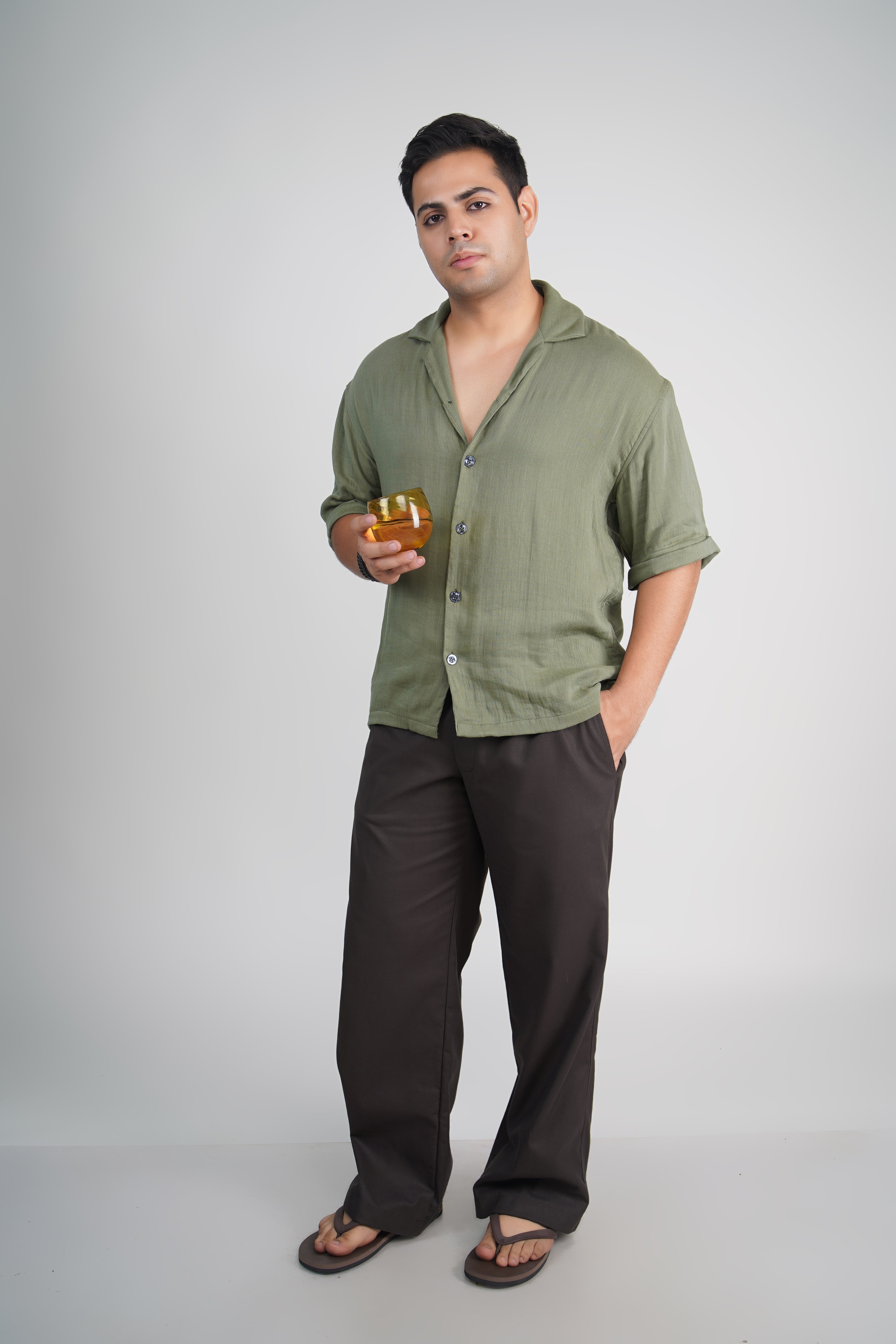 Olive Green Relaxed Fit Linen Blend Pants