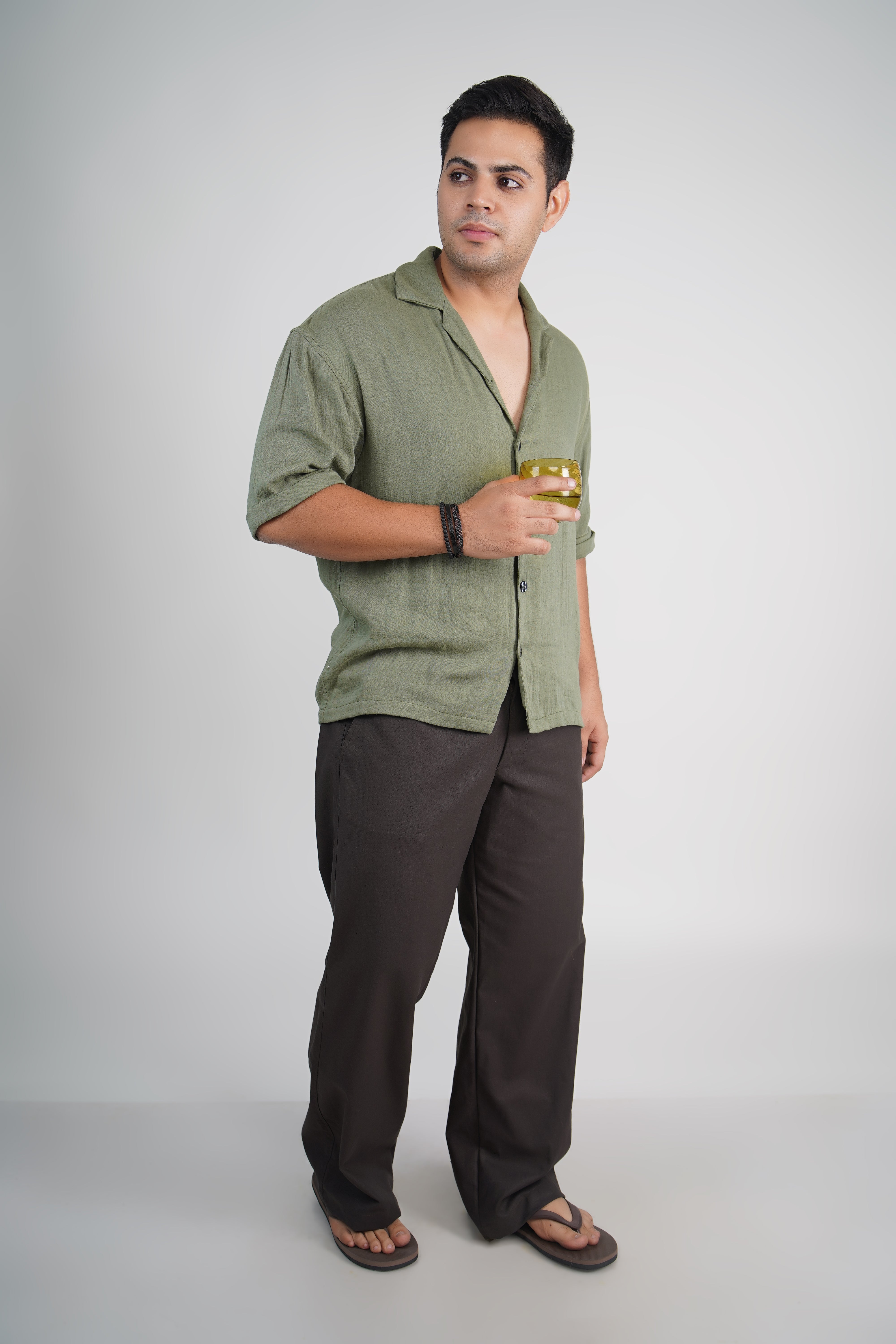 Olive Green Relaxed Fit Linen Blend Pants