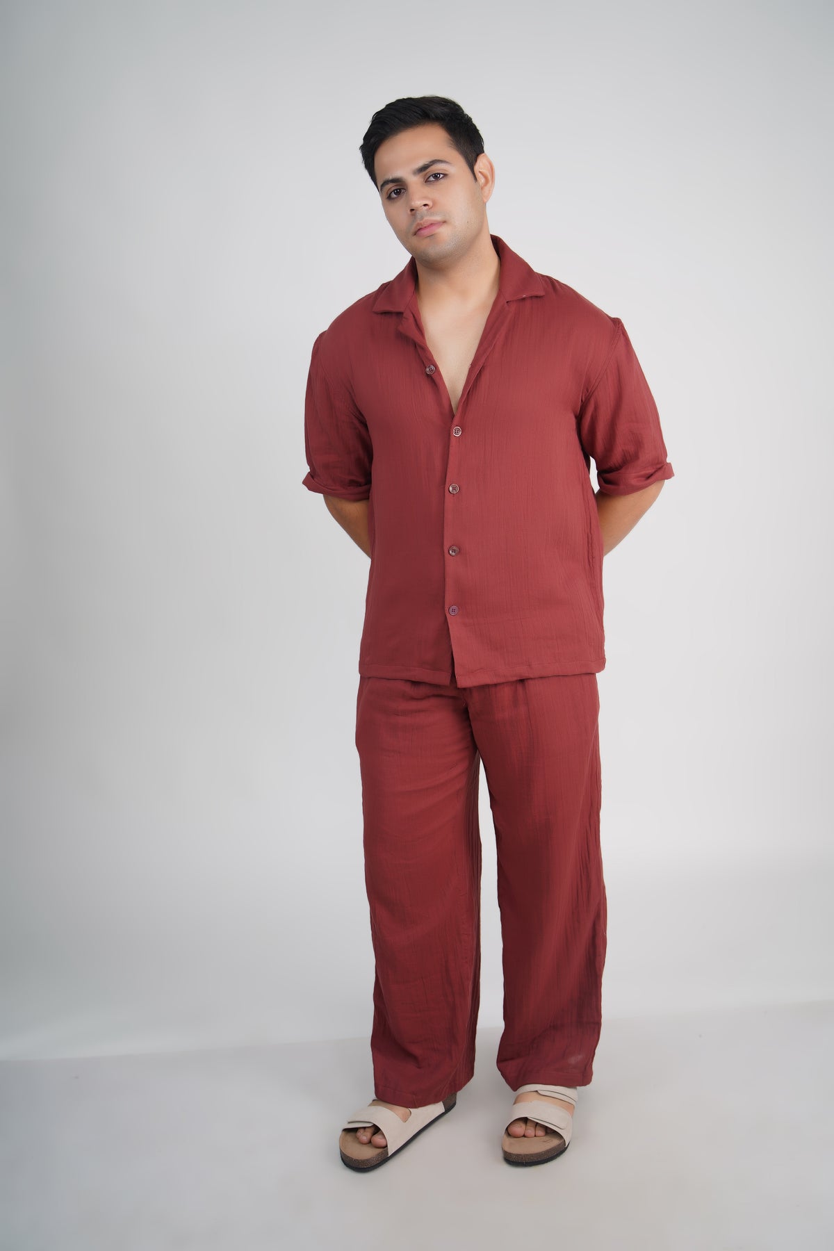 Brick Red Loose Fit Muslin Trousers
