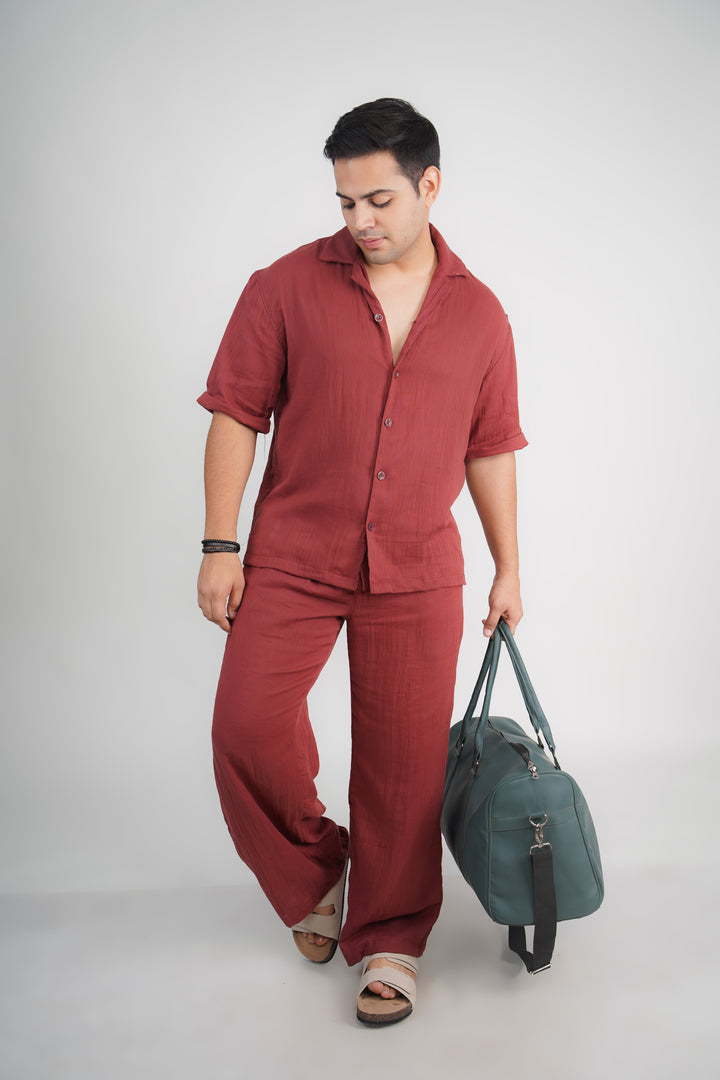 Brick Red Loose Fit Muslin Trousers