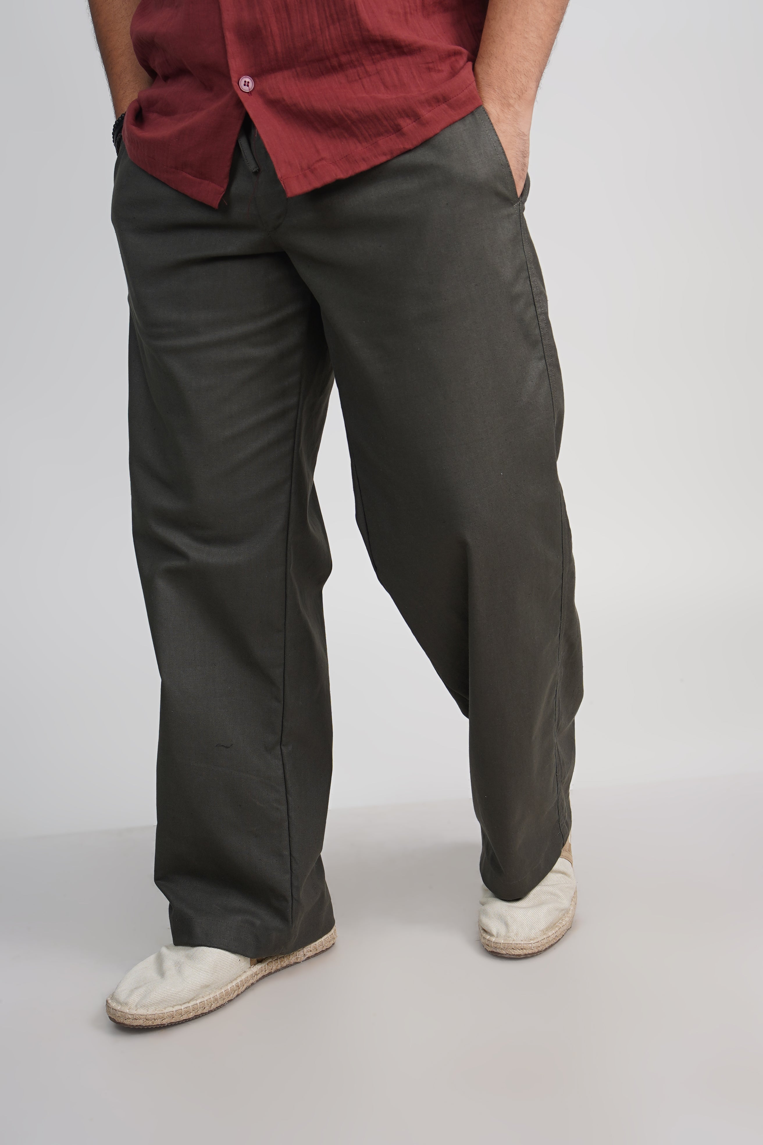 Olive Green Relaxed Fit Linen Blend Pants