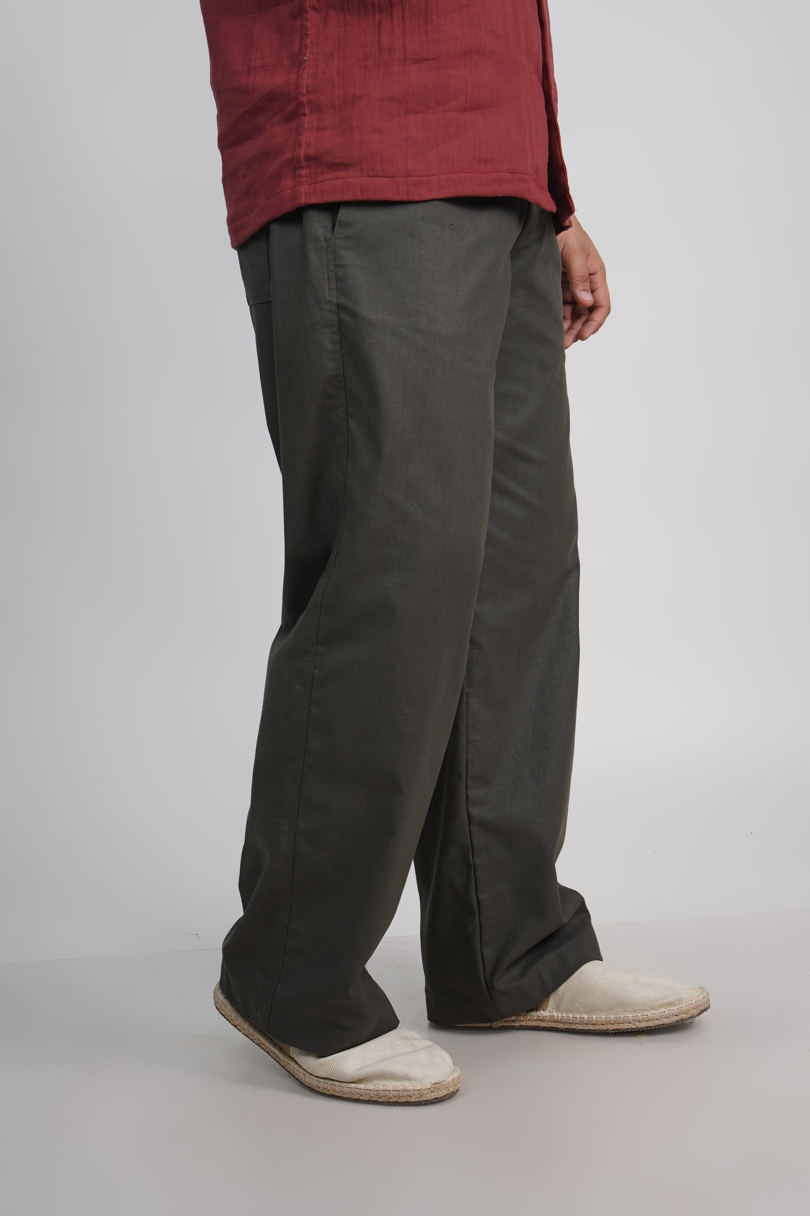 Olive Green Relaxed Fit Linen Blend Pants