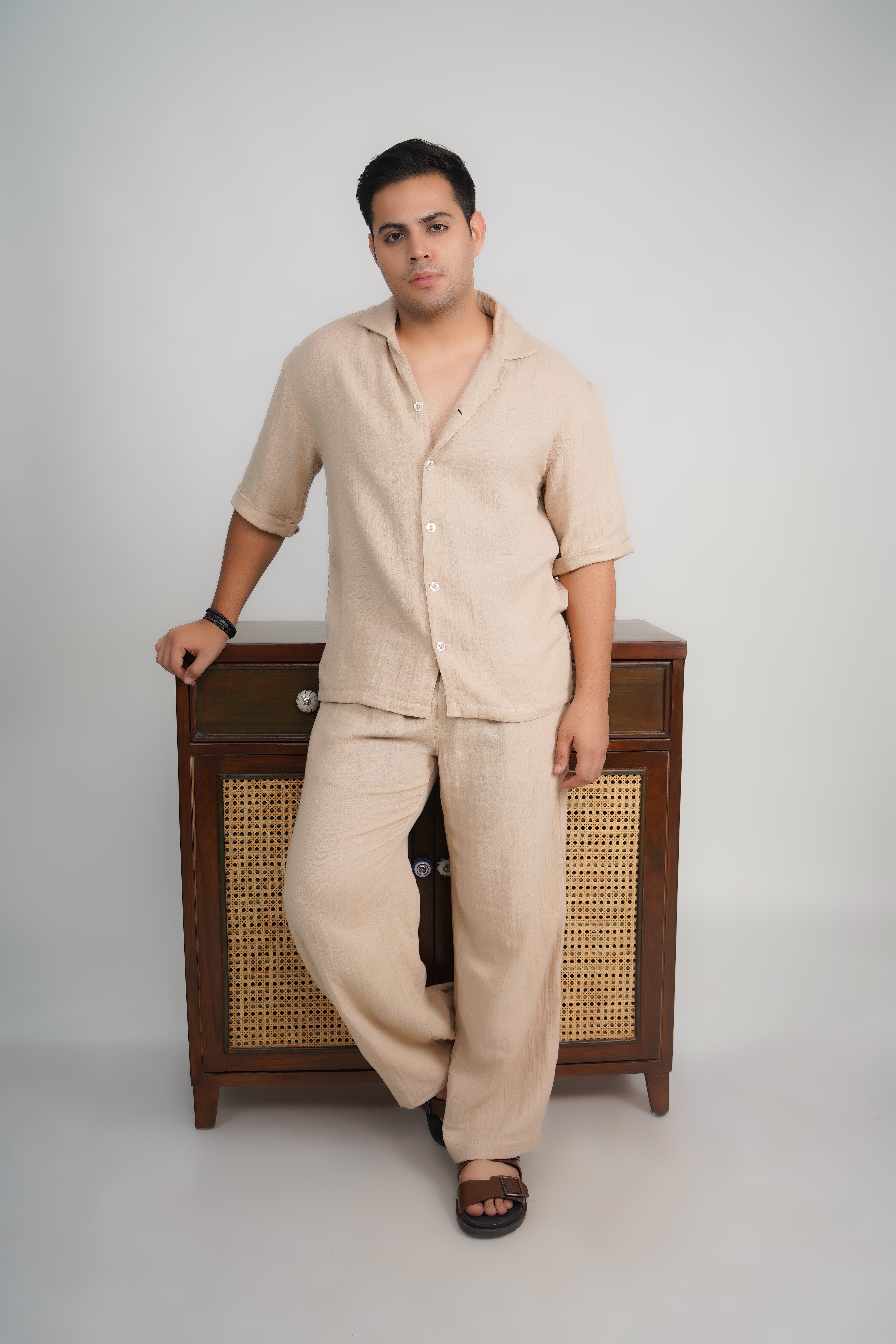 Beige Loose Fit Muslin Trousers