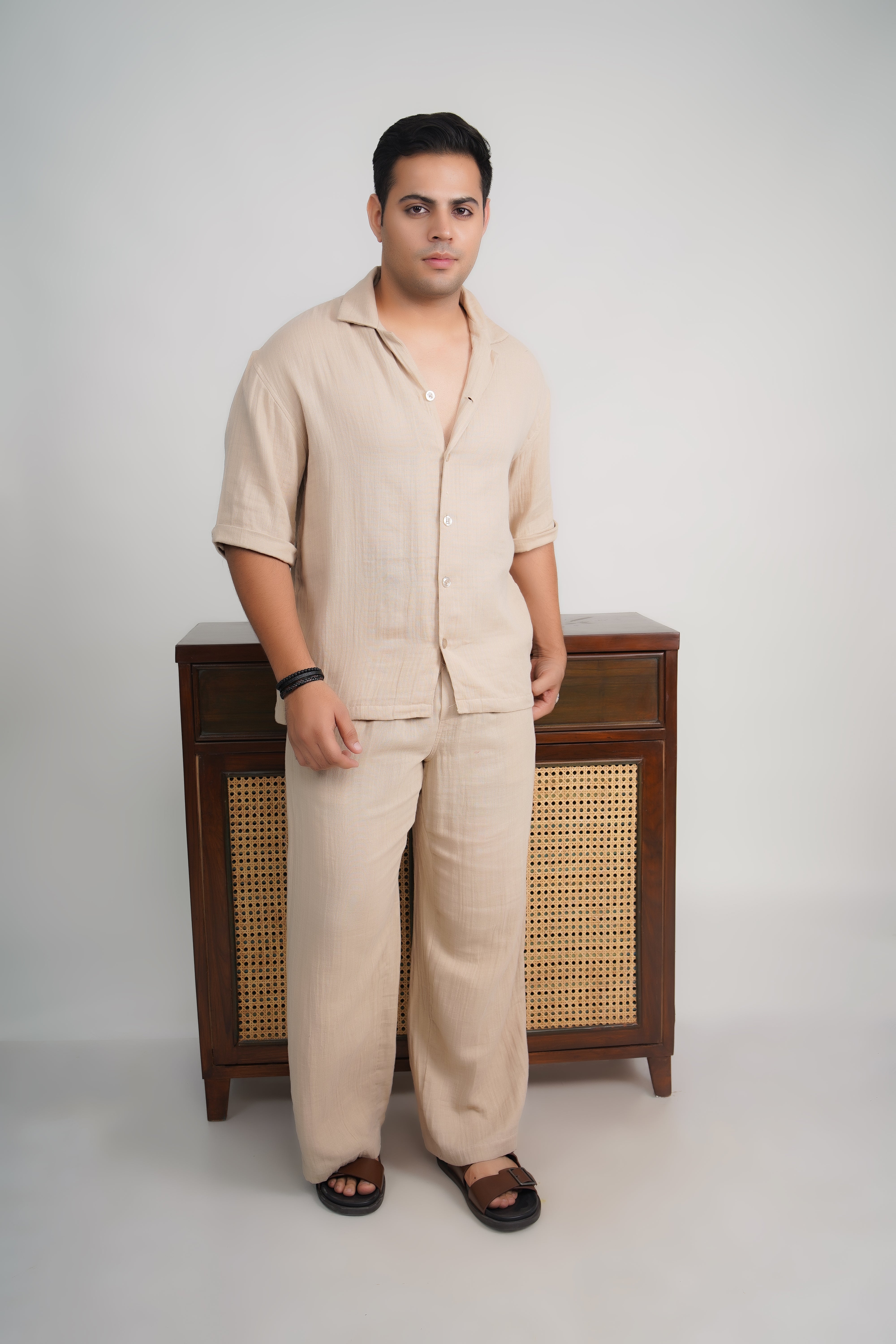 Beige Loose Fit Muslin Trousers