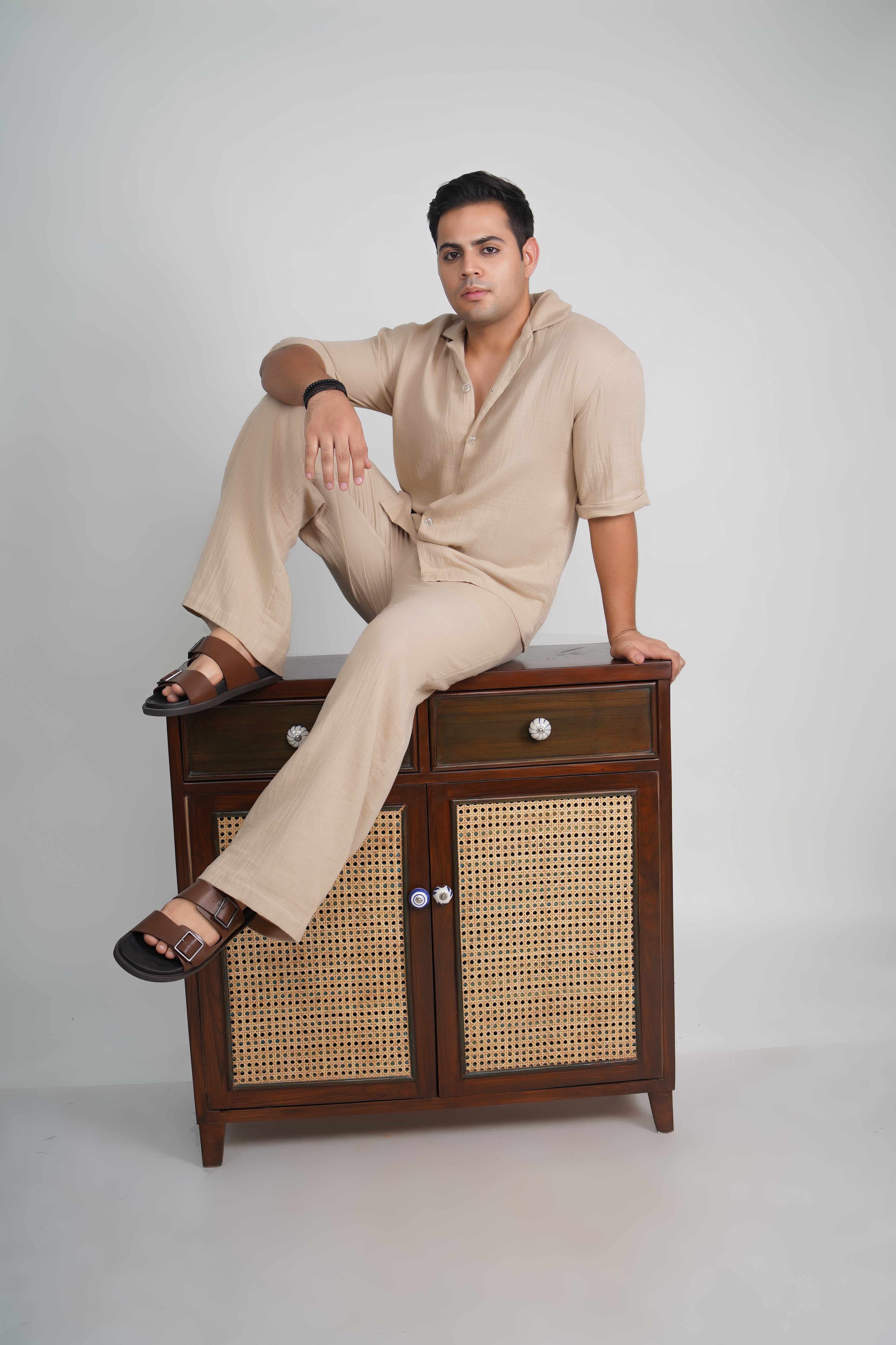 Beige Loose Fit Muslin Trousers
