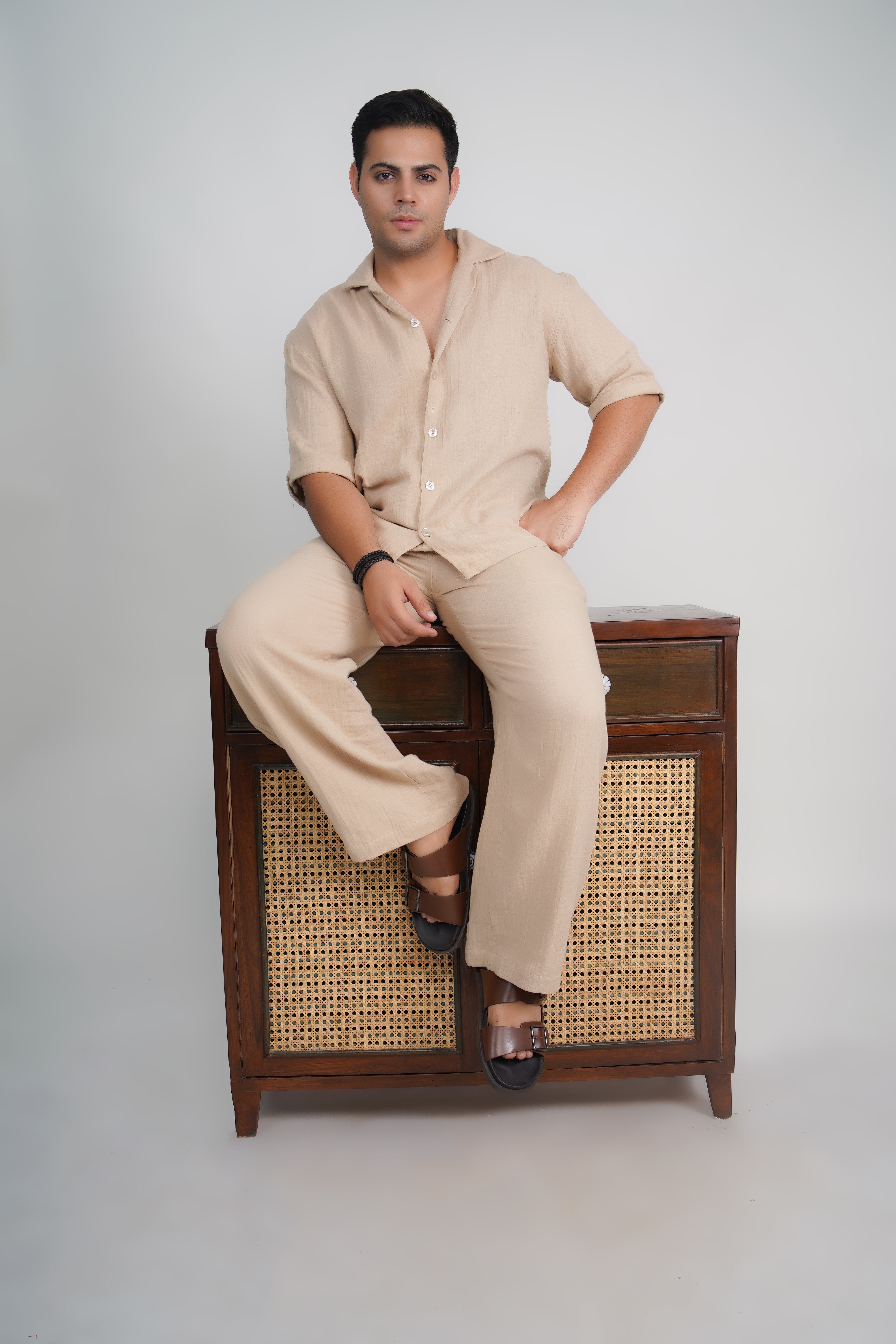 Beige Loose Fit Muslin Trousers