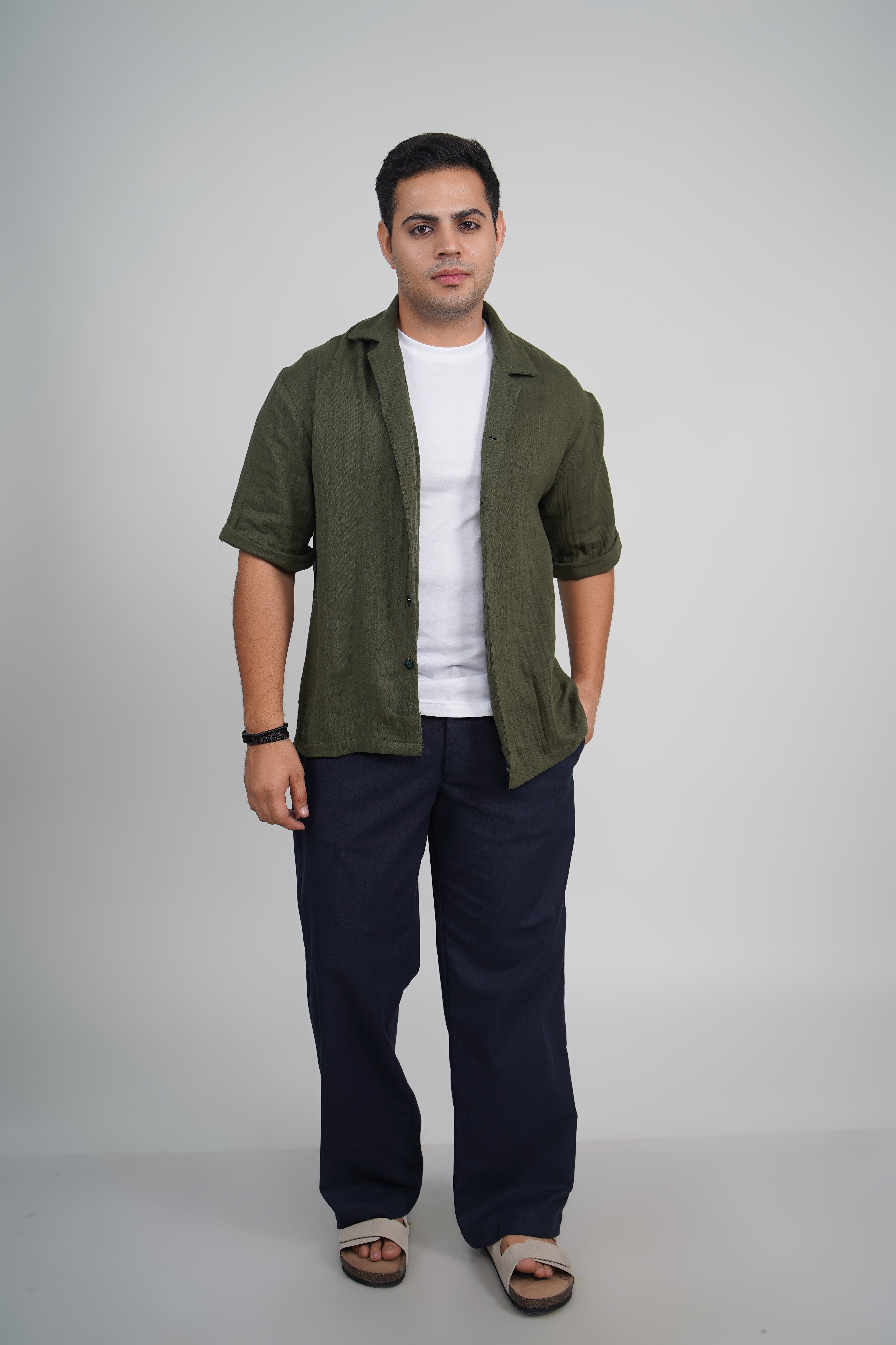 Olive Green Relaxed Fit Linen Blend Pants