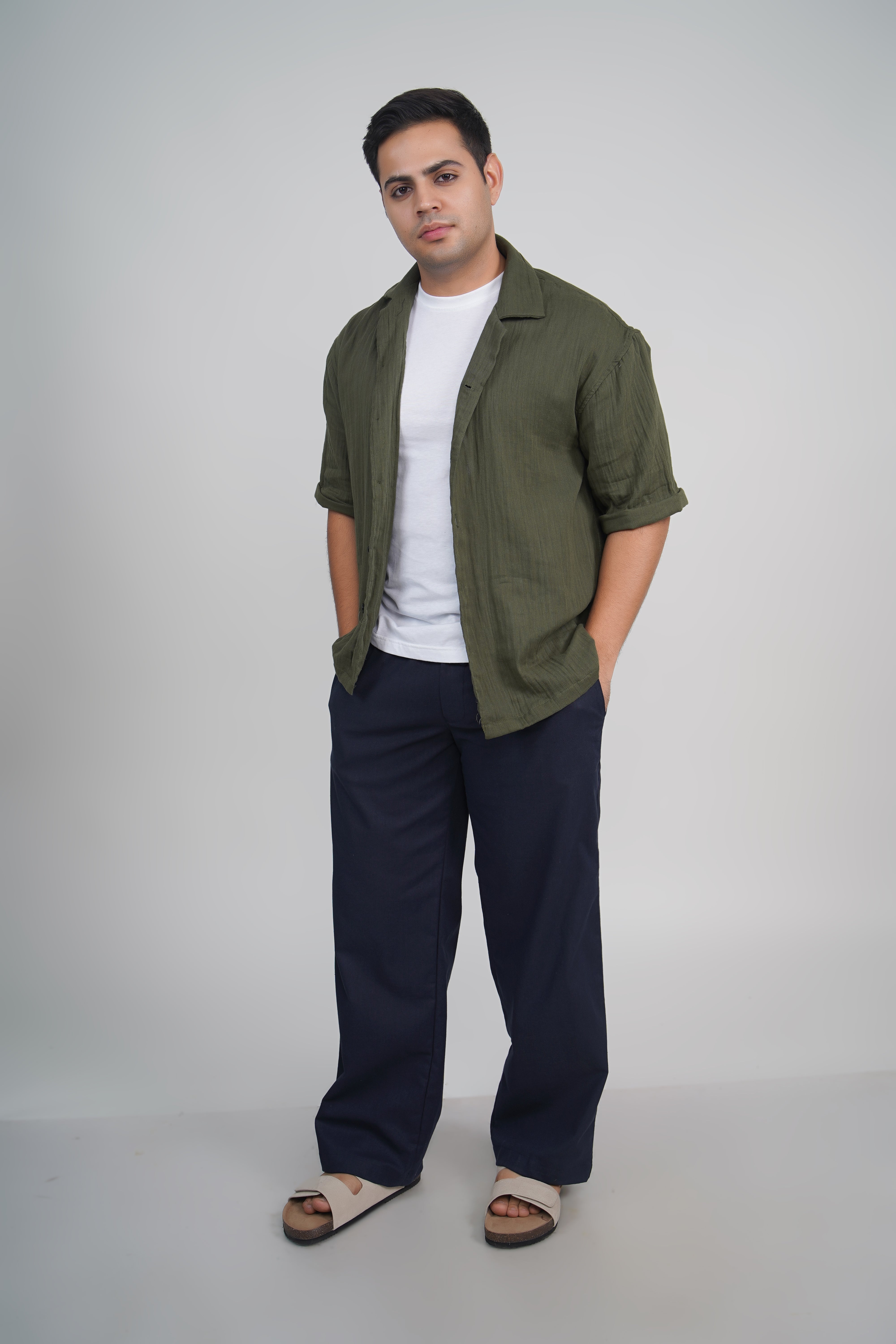 Olive Green Relaxed Fit Linen Blend Pants