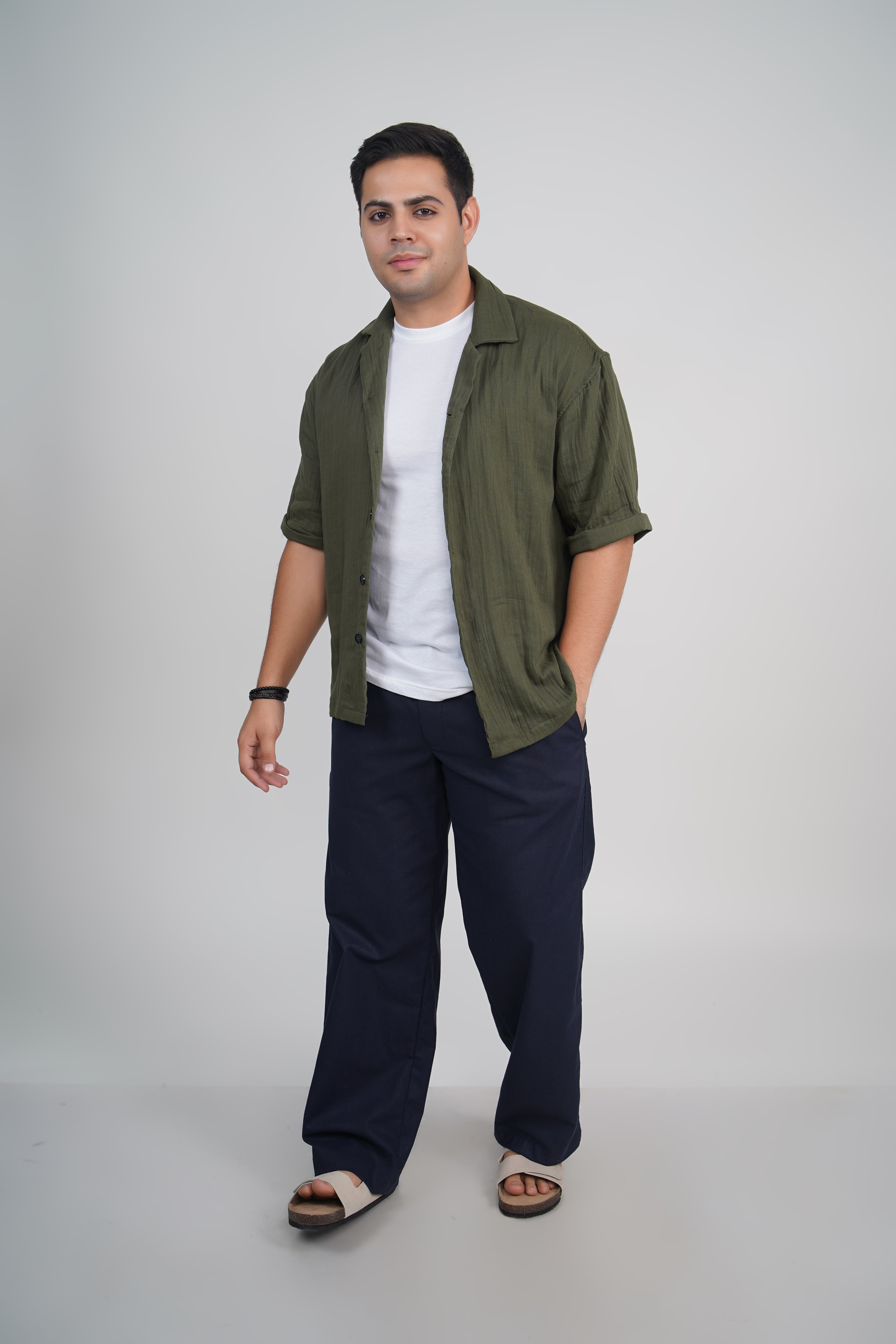 Olive Green Relaxed Fit Linen Blend Pants