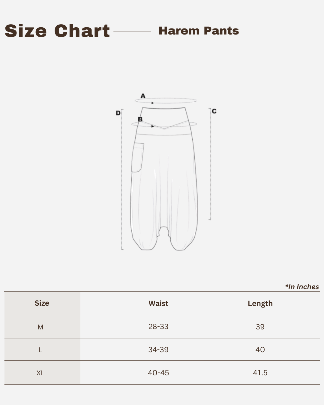 Size chart for Black Women Loose Fit Cotton Harem