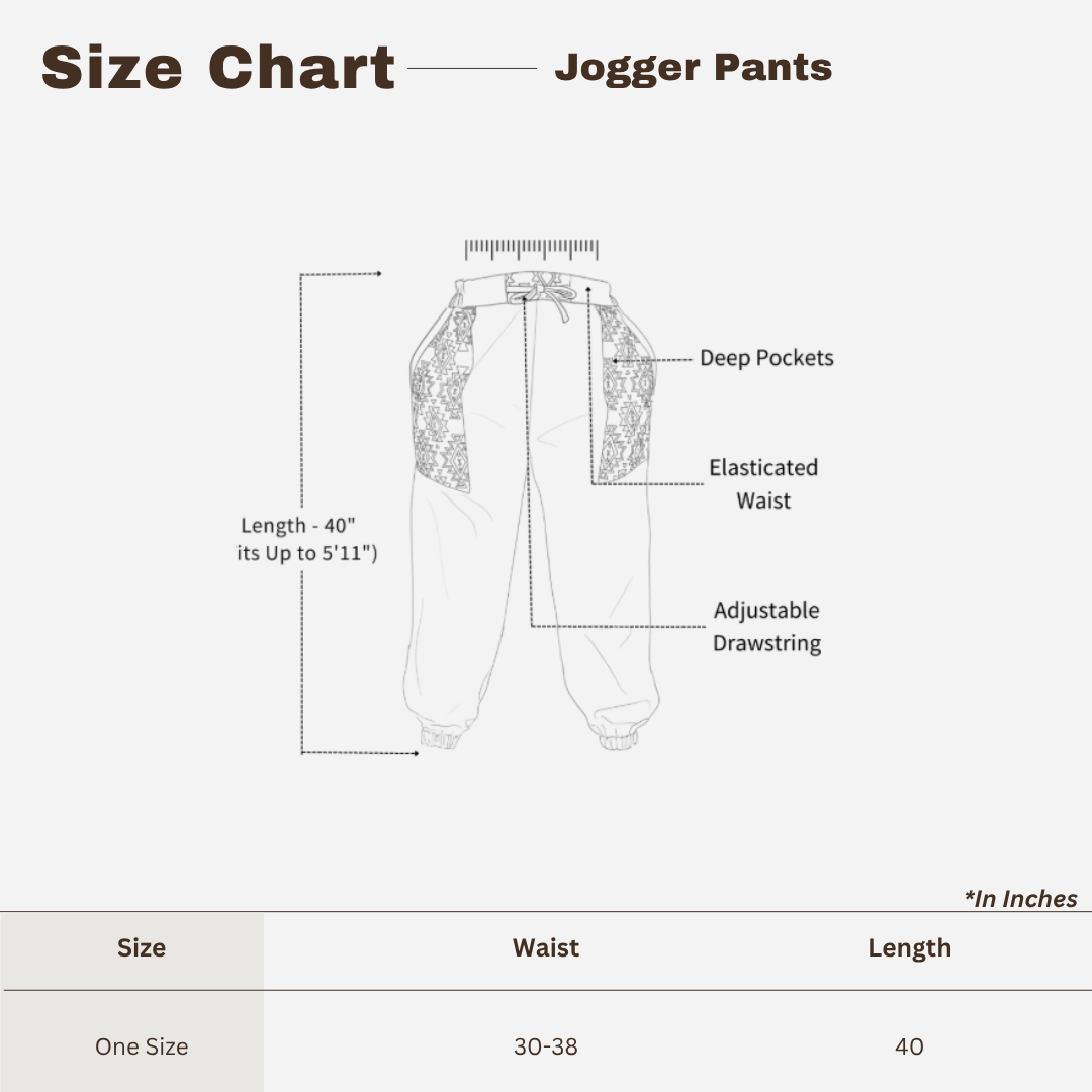 Size chart for Sage Grey Men Embroidered Baggy Cotton Joggers with Upper Patch